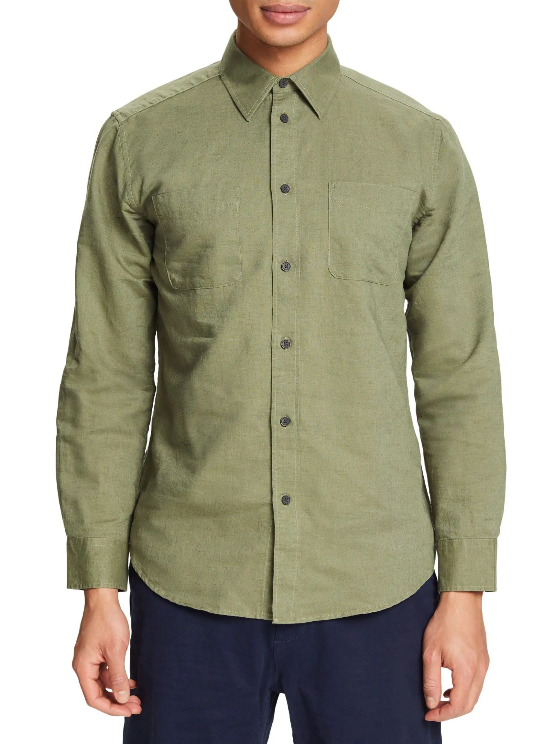 Chemise col classique droite en lin et coton mélangé Kaki