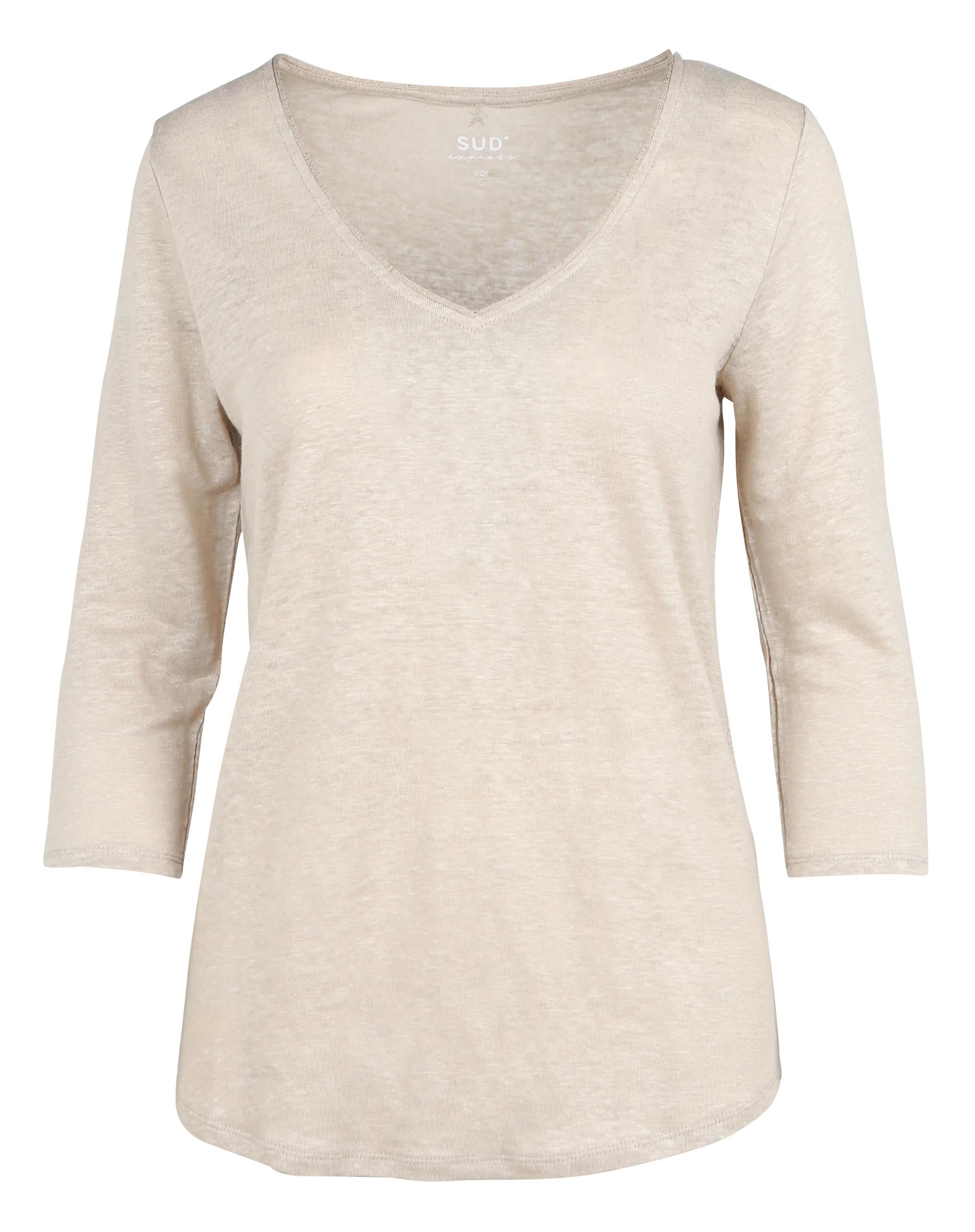 Tee-shirt col V chiné en lin Beige TOMEOH
