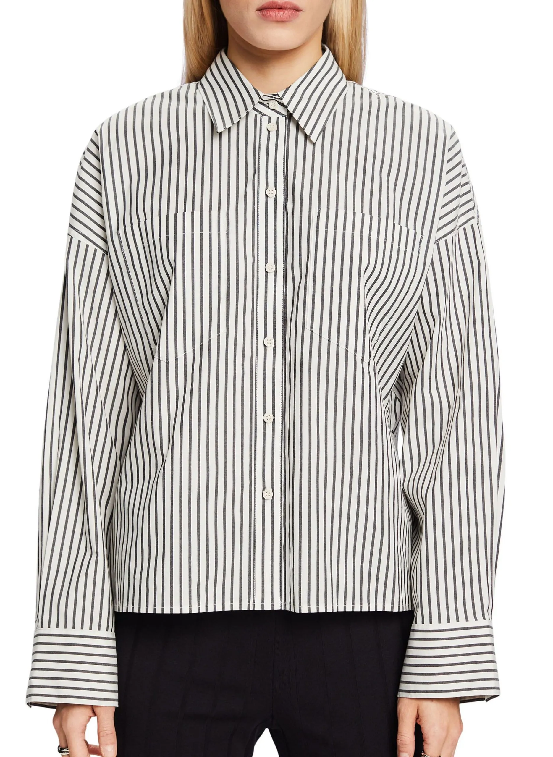 Chemise ample col classique en coton mélangé à rayures Noir