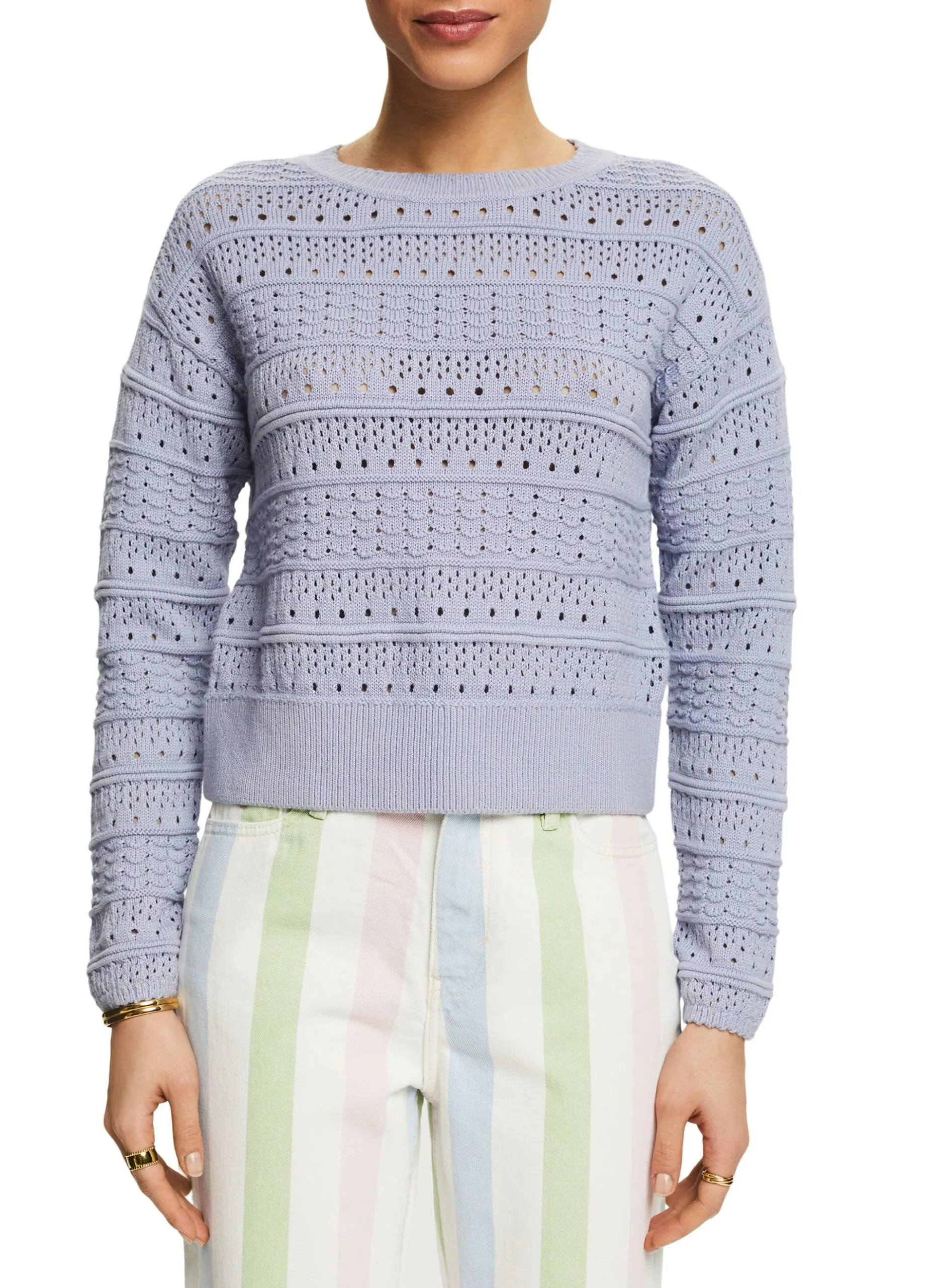 Pull col rond en maille ajourée de coton Bleu