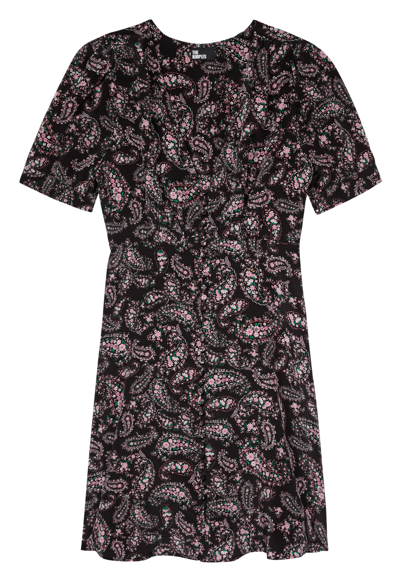 Robe courte col V imprimée en soie Noir