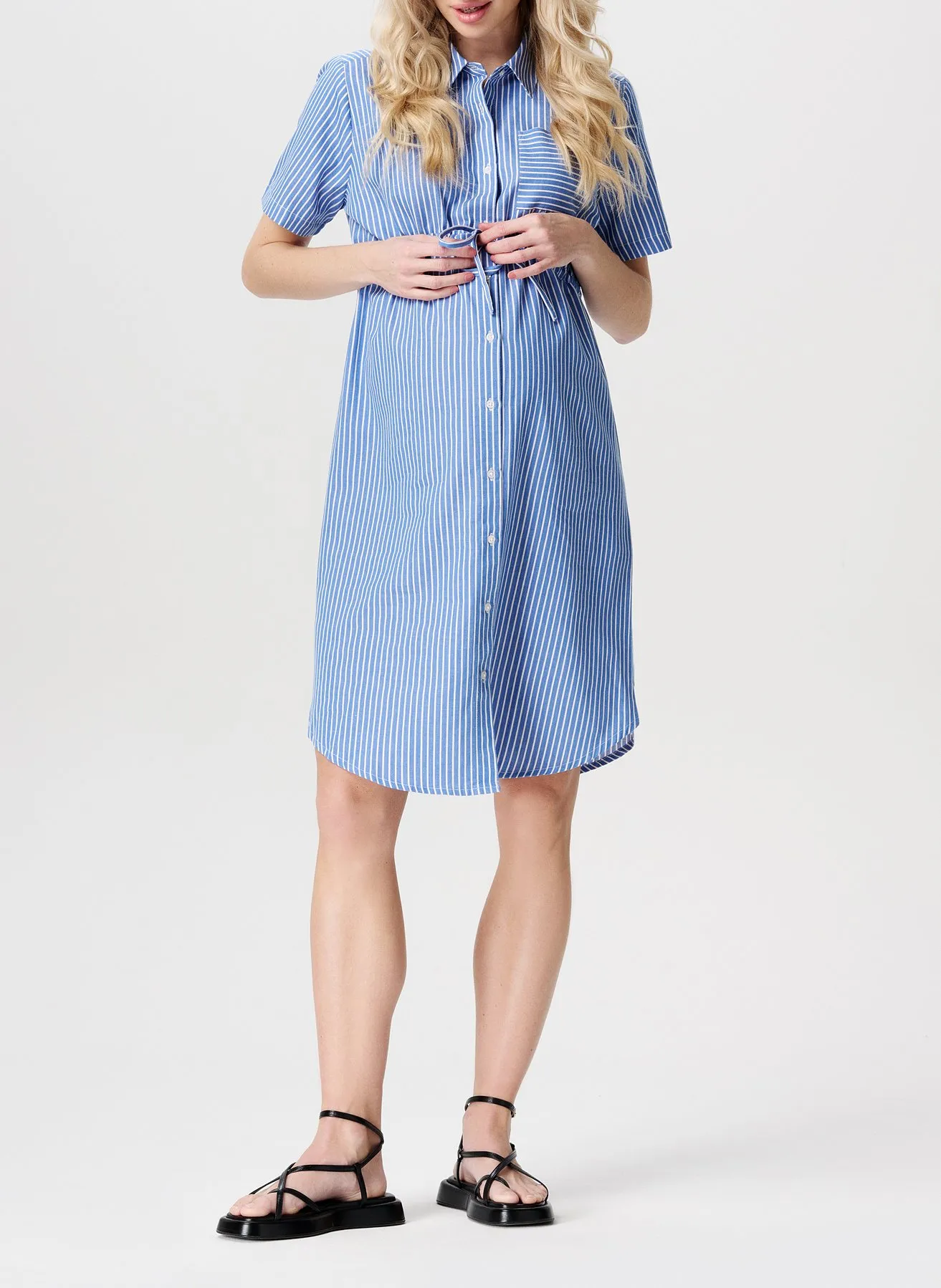 Robe courte de maternité col classique en coton bio Bleu JAEDA