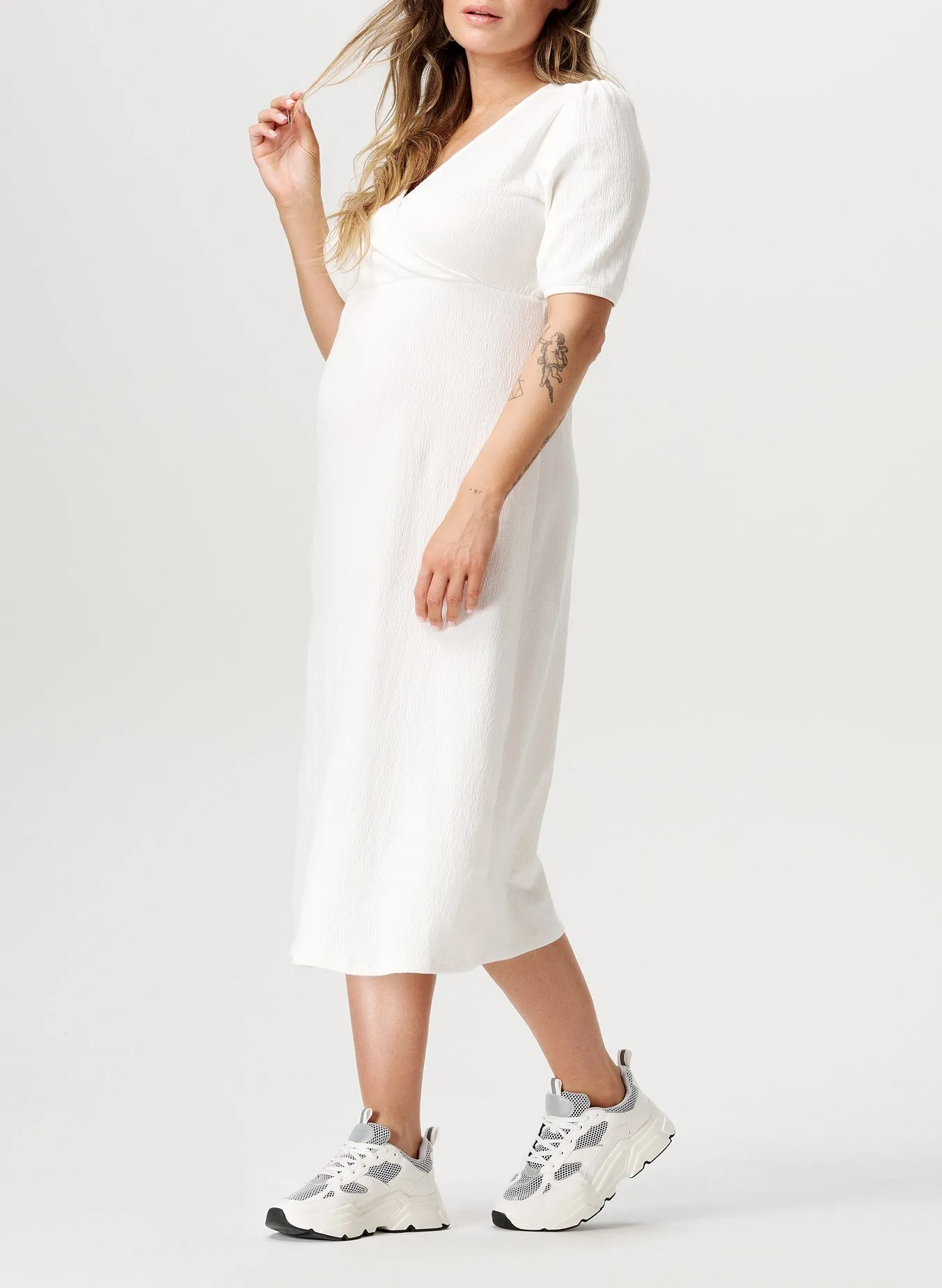 Robe midi de maternité col V en coton bio Blanc JAELYNN