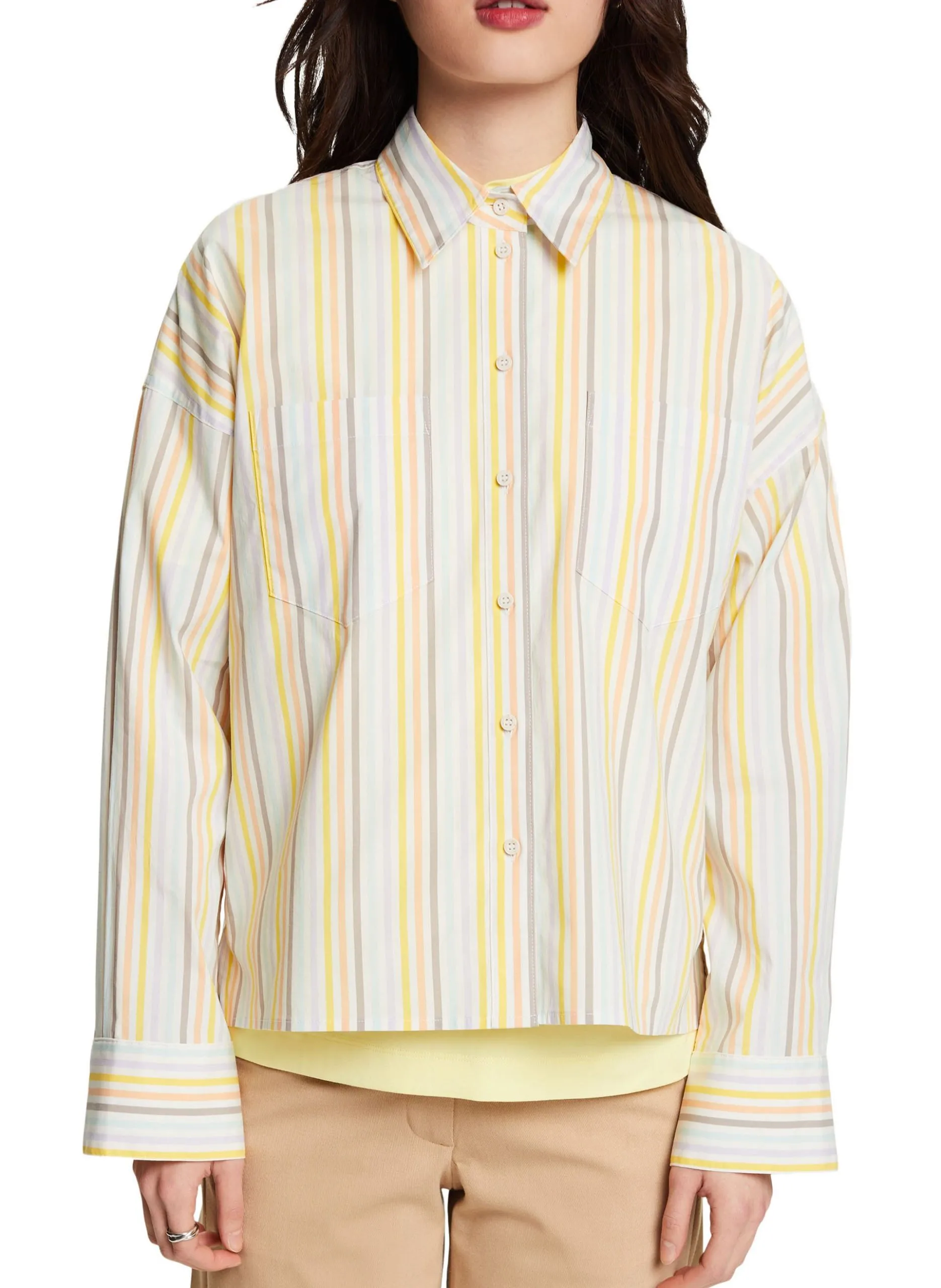 Chemise oversize col classique en coton mélangé rayé Blanc