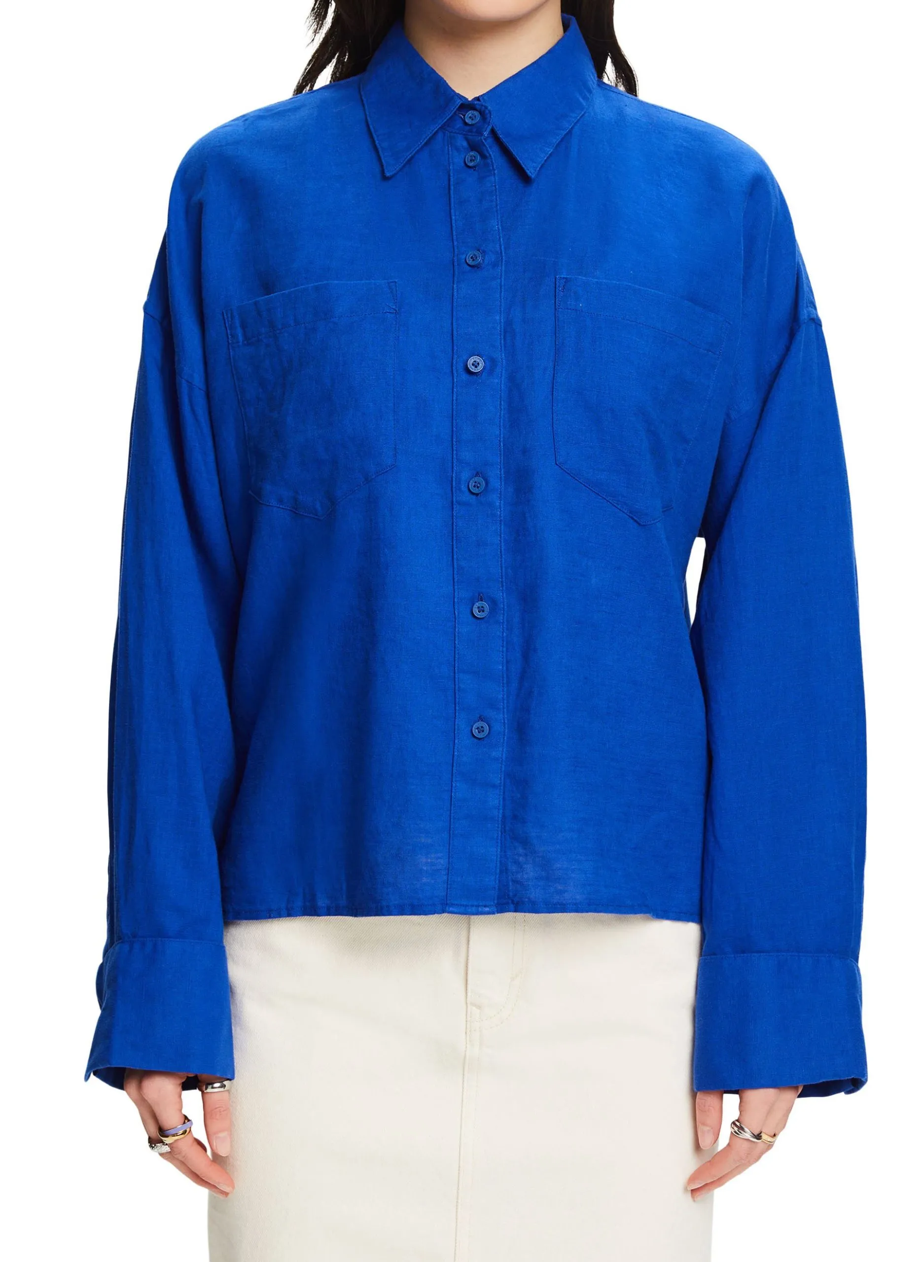 Chemise col classique en lin mélangé coton Bleu