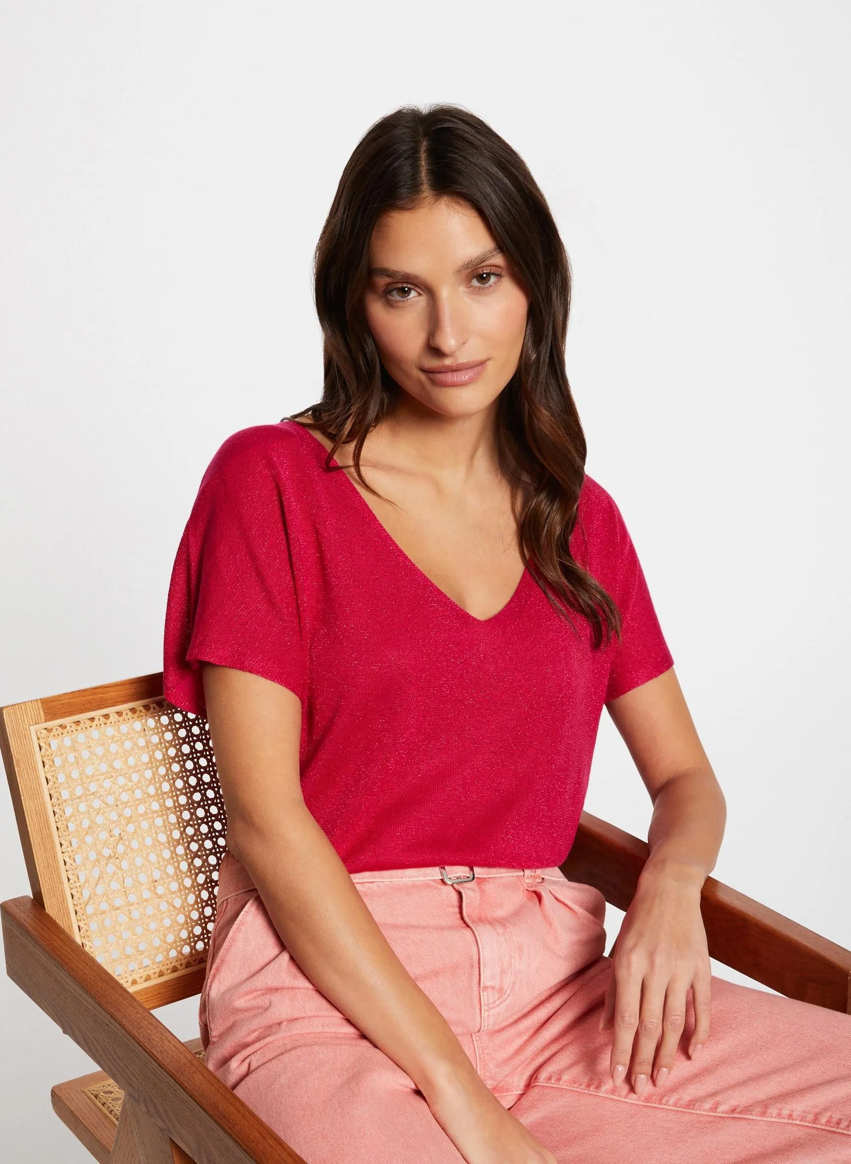 Pull col V manches courtes Rose 241-MCOACH