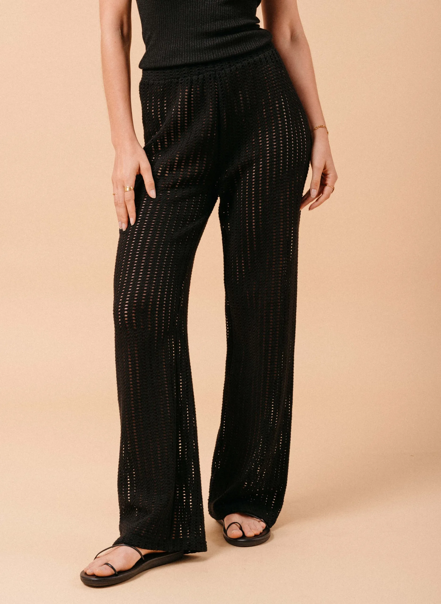 Pantalon évasé ajouré en coton stretch Noir MORGANE