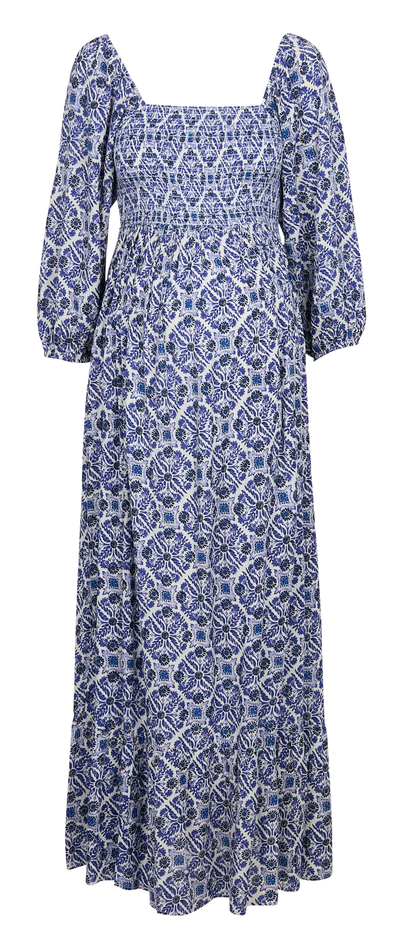Robe longue droite col carré imprimée Bleu LALLY