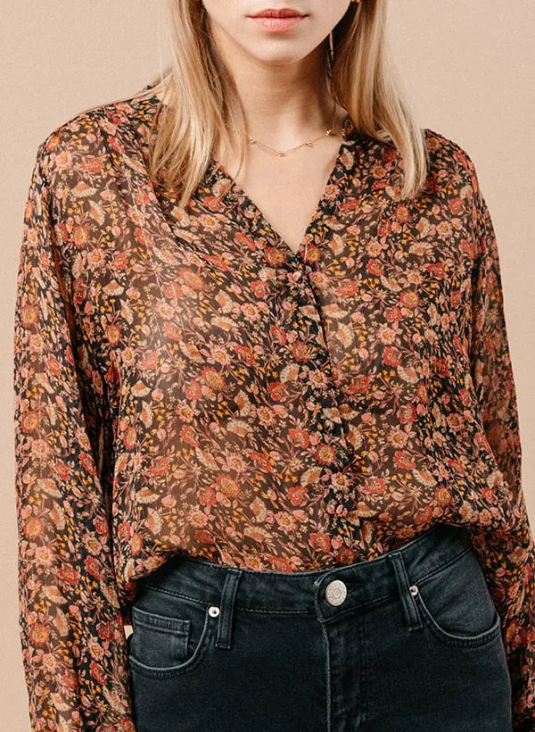 Chemise droite col V imprimé Noir MARJORIE