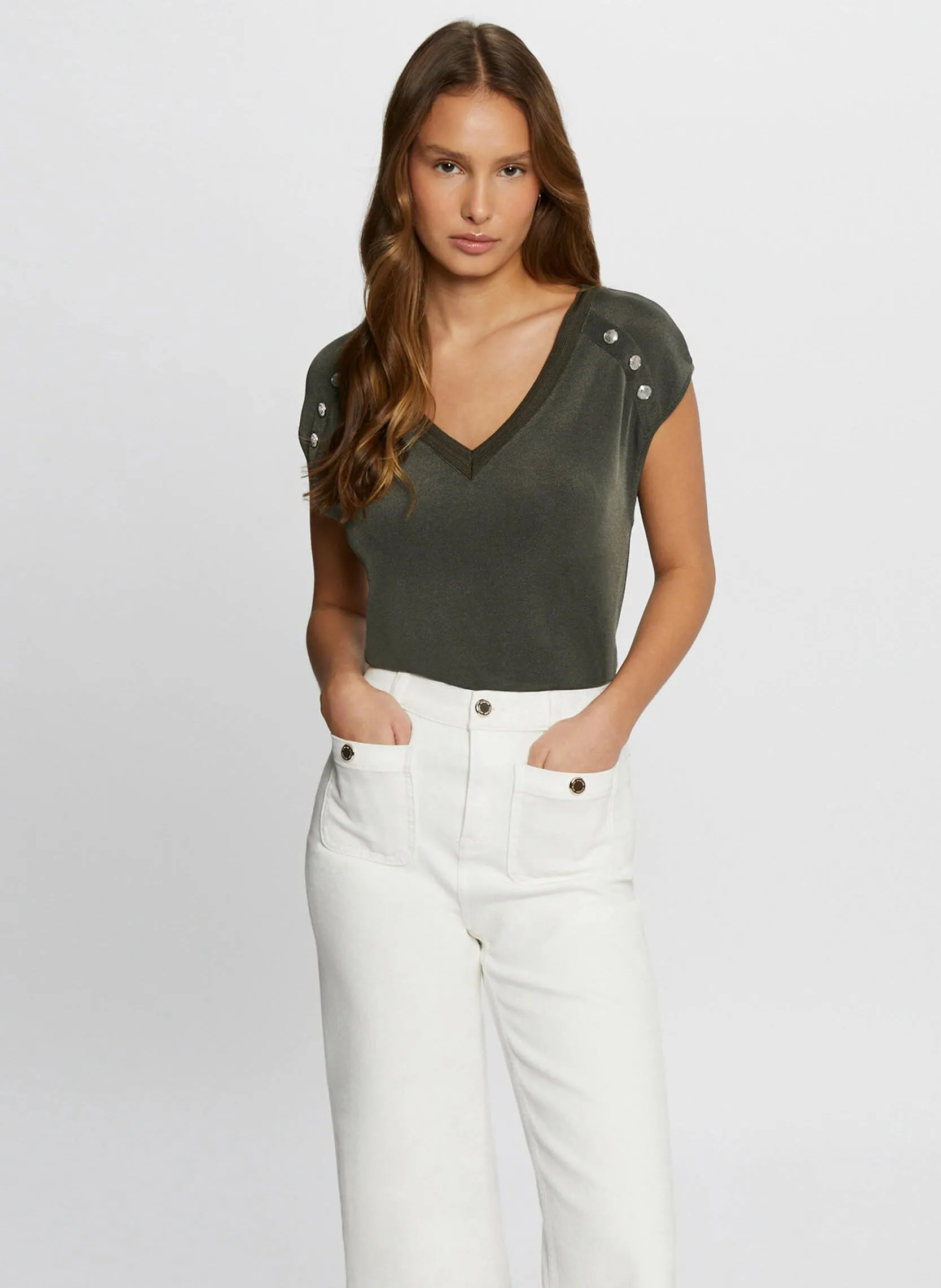 Tee-shirt col V métallisé Kaki 241-DILI