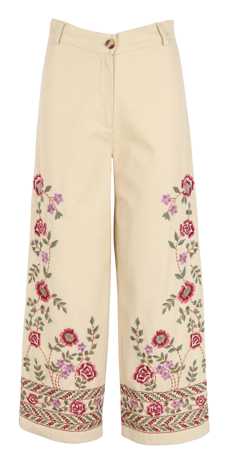 Pantalon large taille haute brodé en coton bio Marron NOVINA