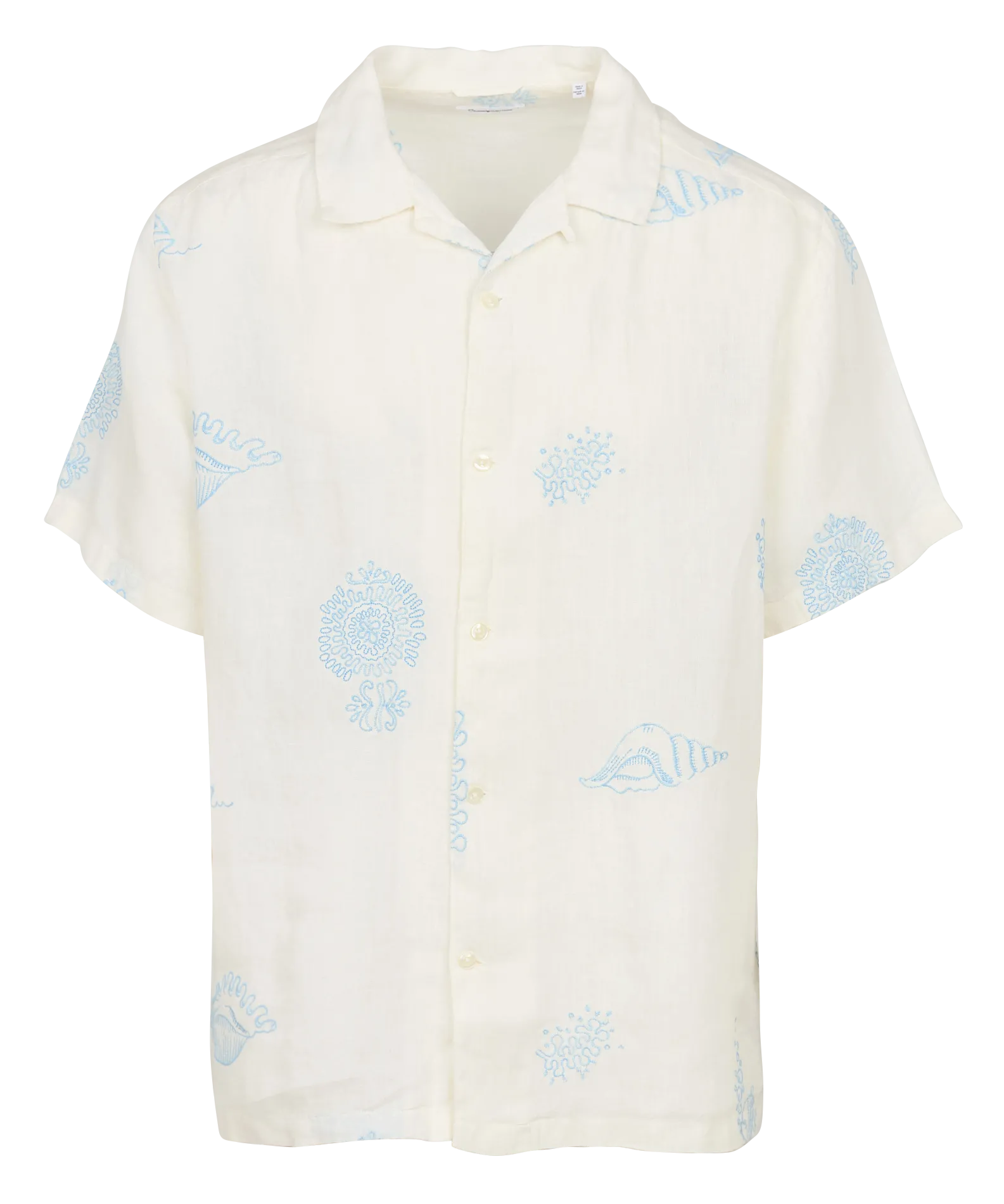 Chemise manches courtes brodée en lin biologique Blanc
