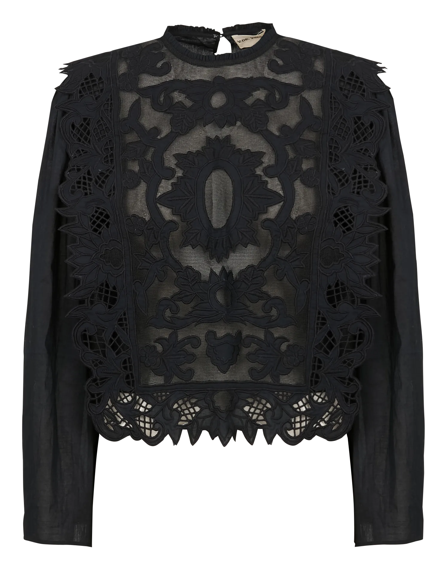 Top col rond brodé en voile de coton Noir HEART