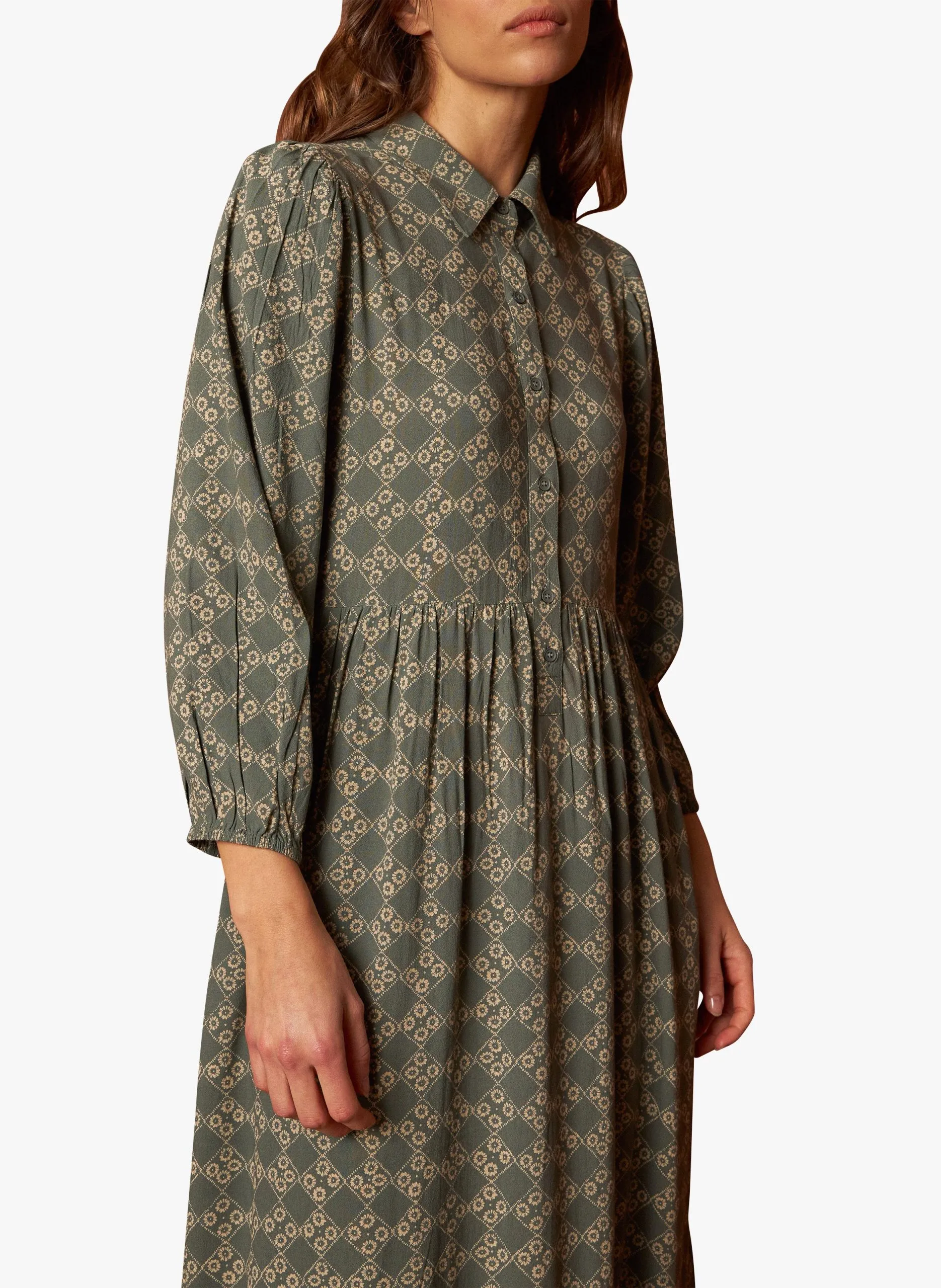 Robe longue ample col classique imprimée Kaki PRUNE