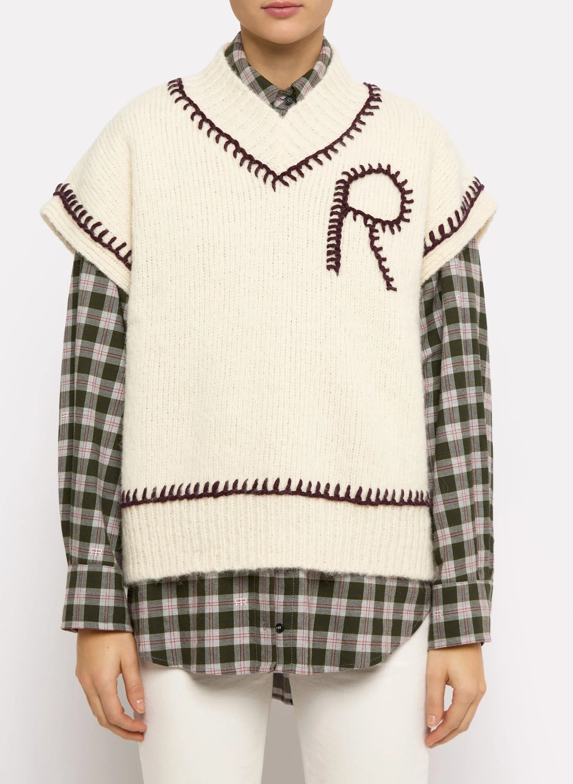 Pull ample sans manches en laine et coton Beige SANTIAGO