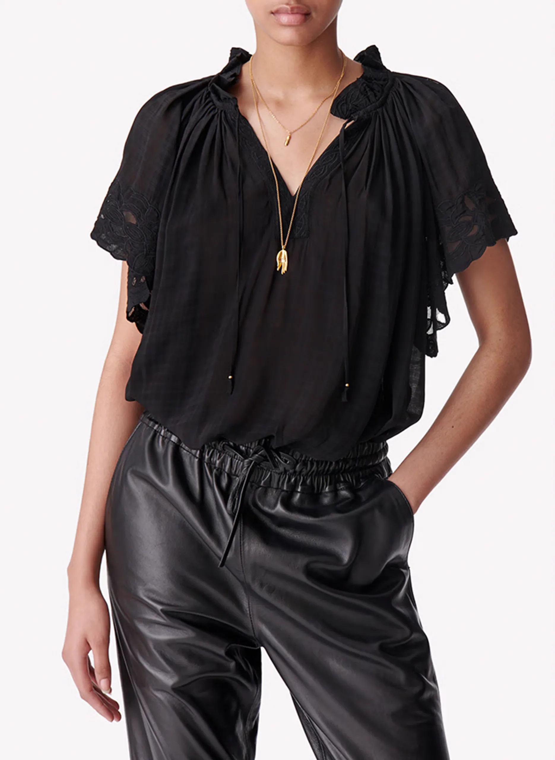 Blouse col rond droite en jacquard Noir VALENTIN