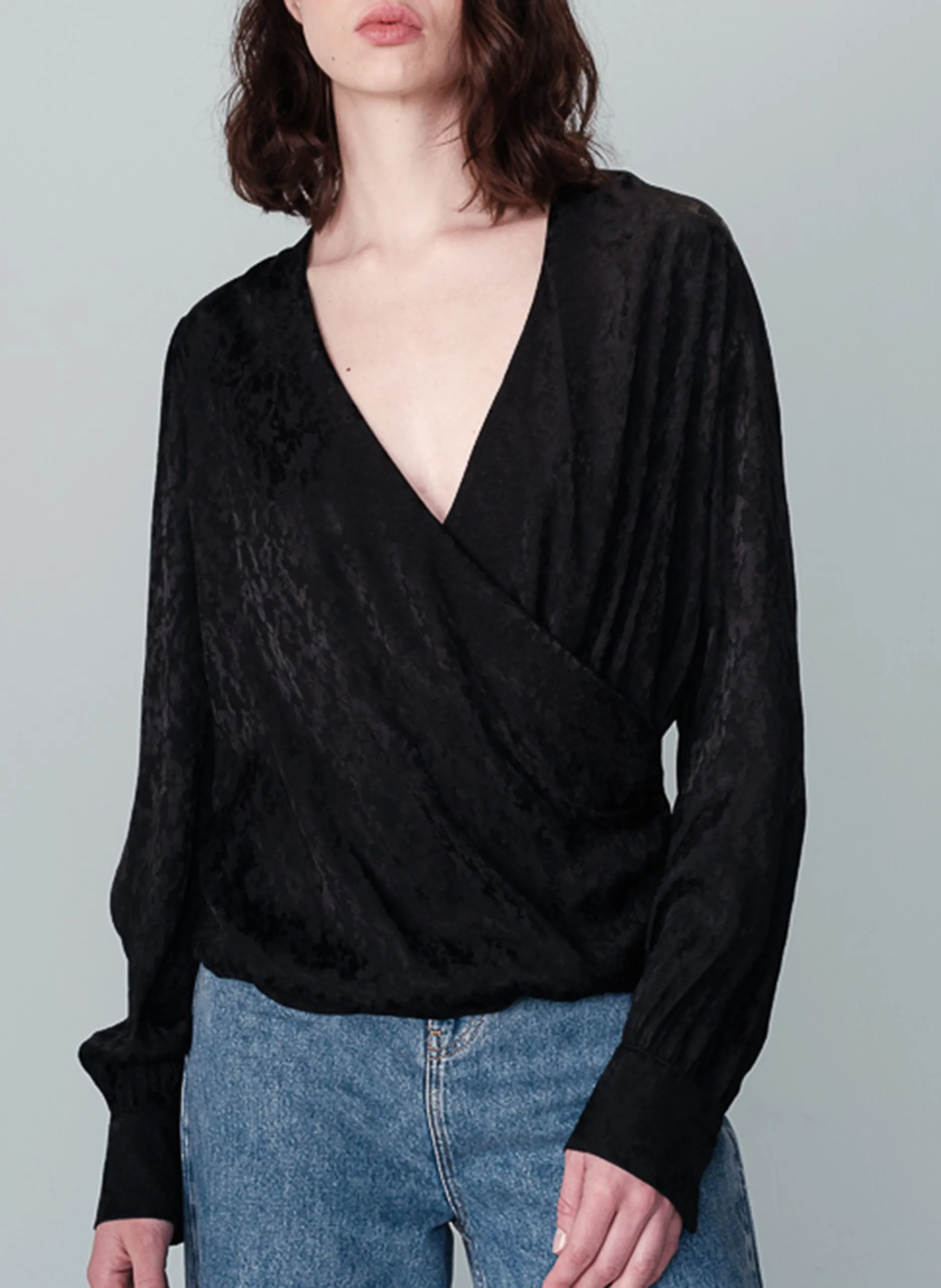 Blouse droite cache-cœur drapée Noir NONNA