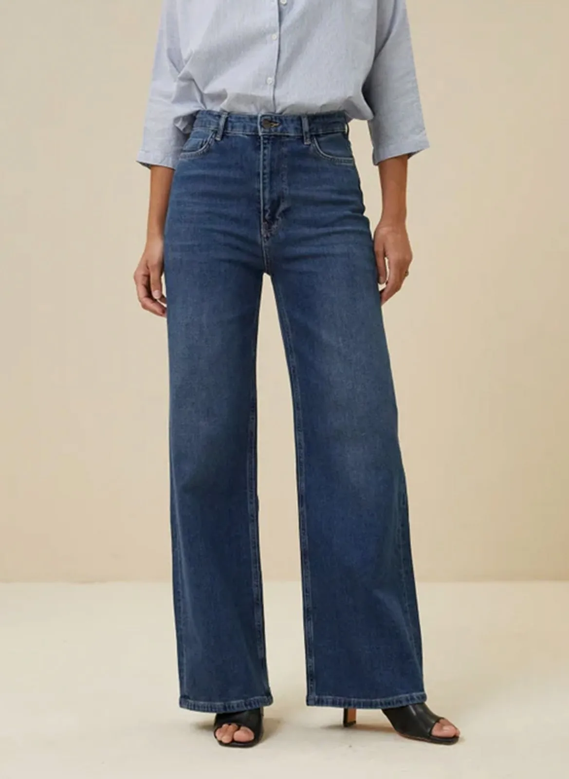 Jean ample taille haute en coton mélangé Bleu LINA