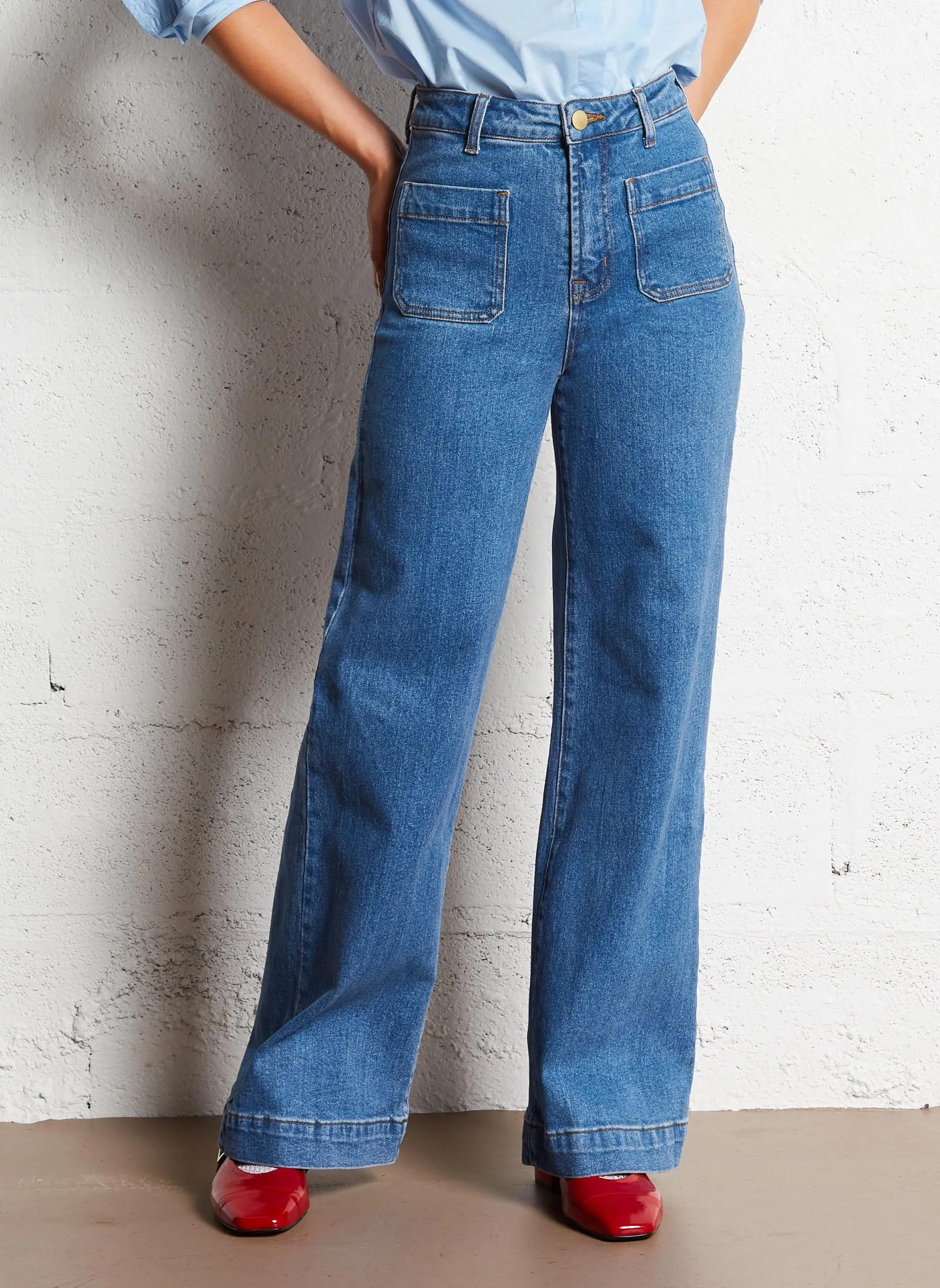 Jean flare taille haute en coton mélangé Bleu ATLANTY