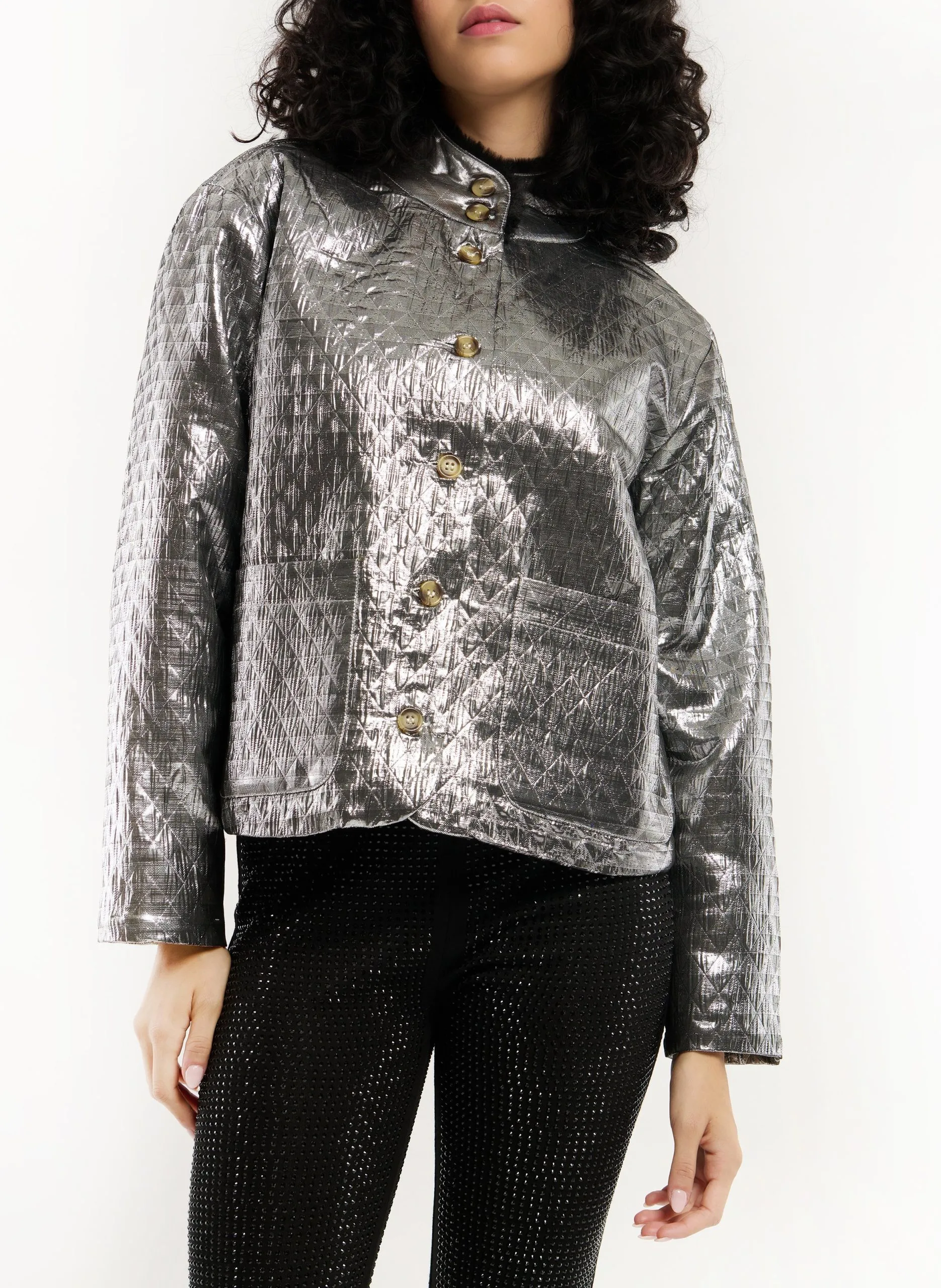 Veste courte métallisée matelassée Argent ISAAC