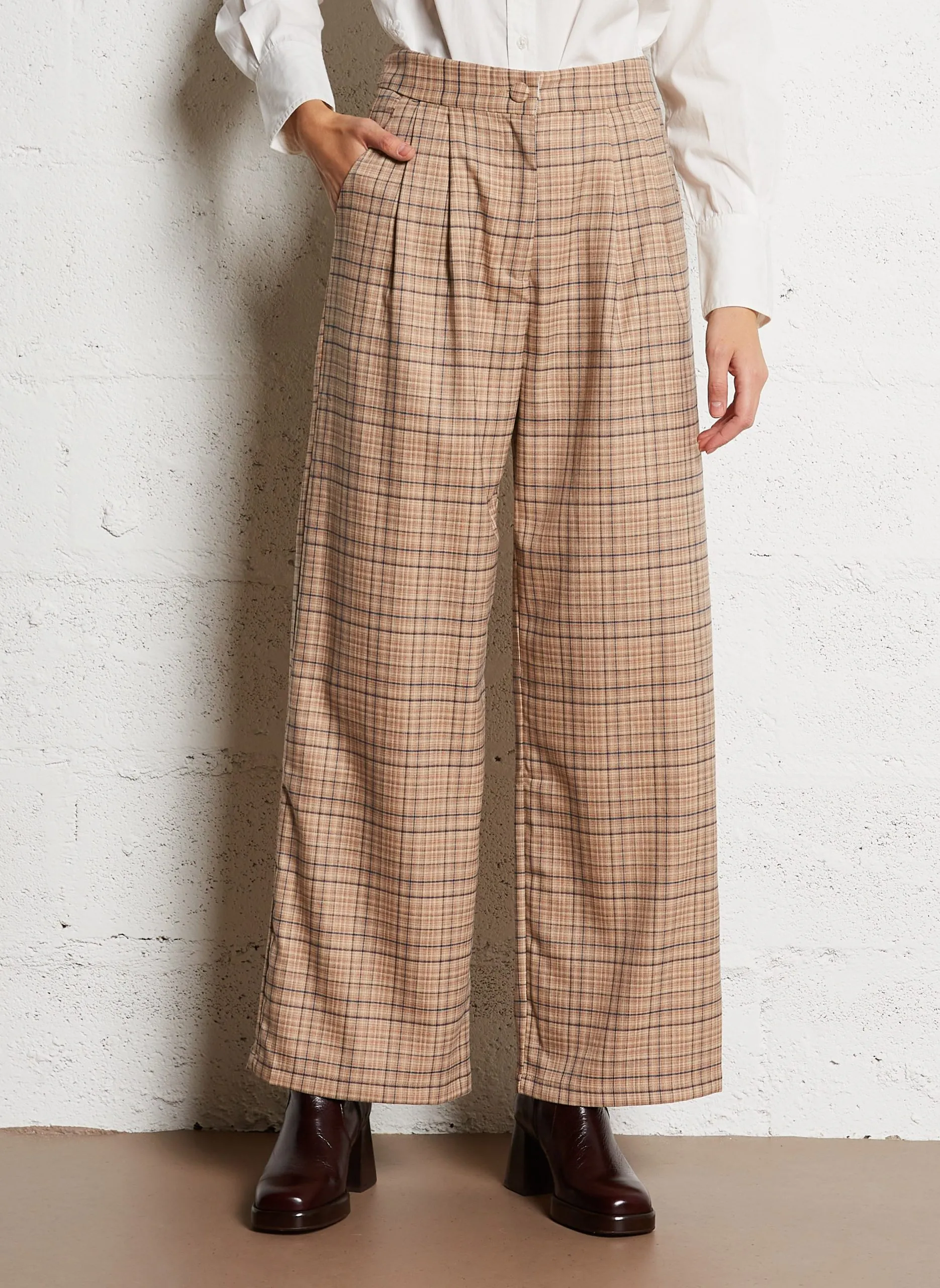 Pantalon large taille haute à carreaux Multicolore PAOLINE