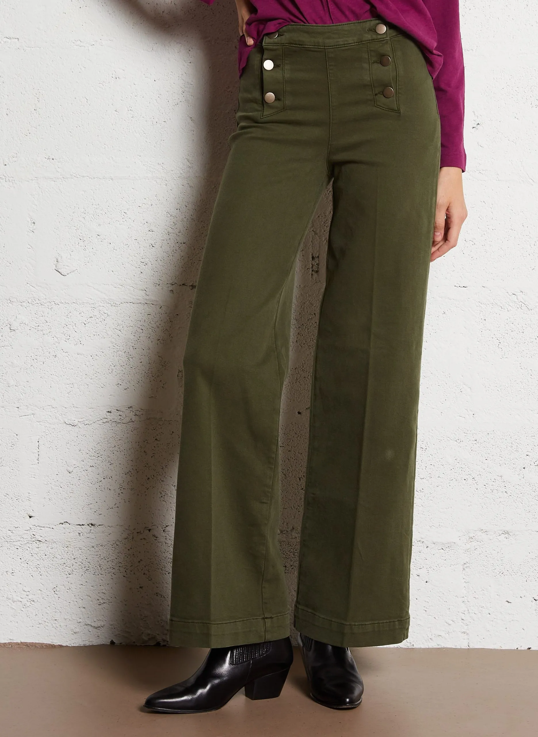 Pantalon flare en coton mélangé Kaki OXAN