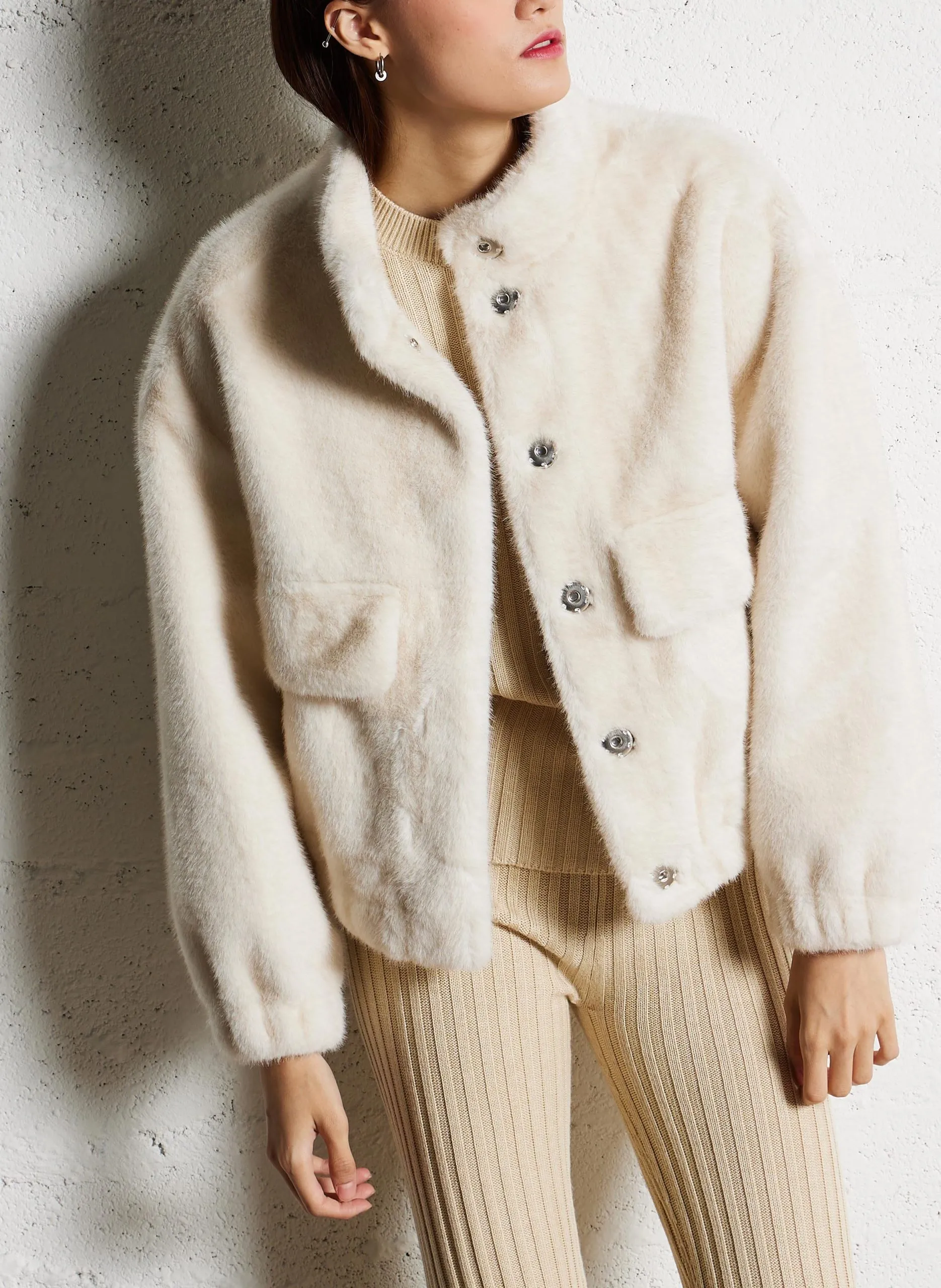 Veste ample col montant en fourrure synthétique Beige PAROS