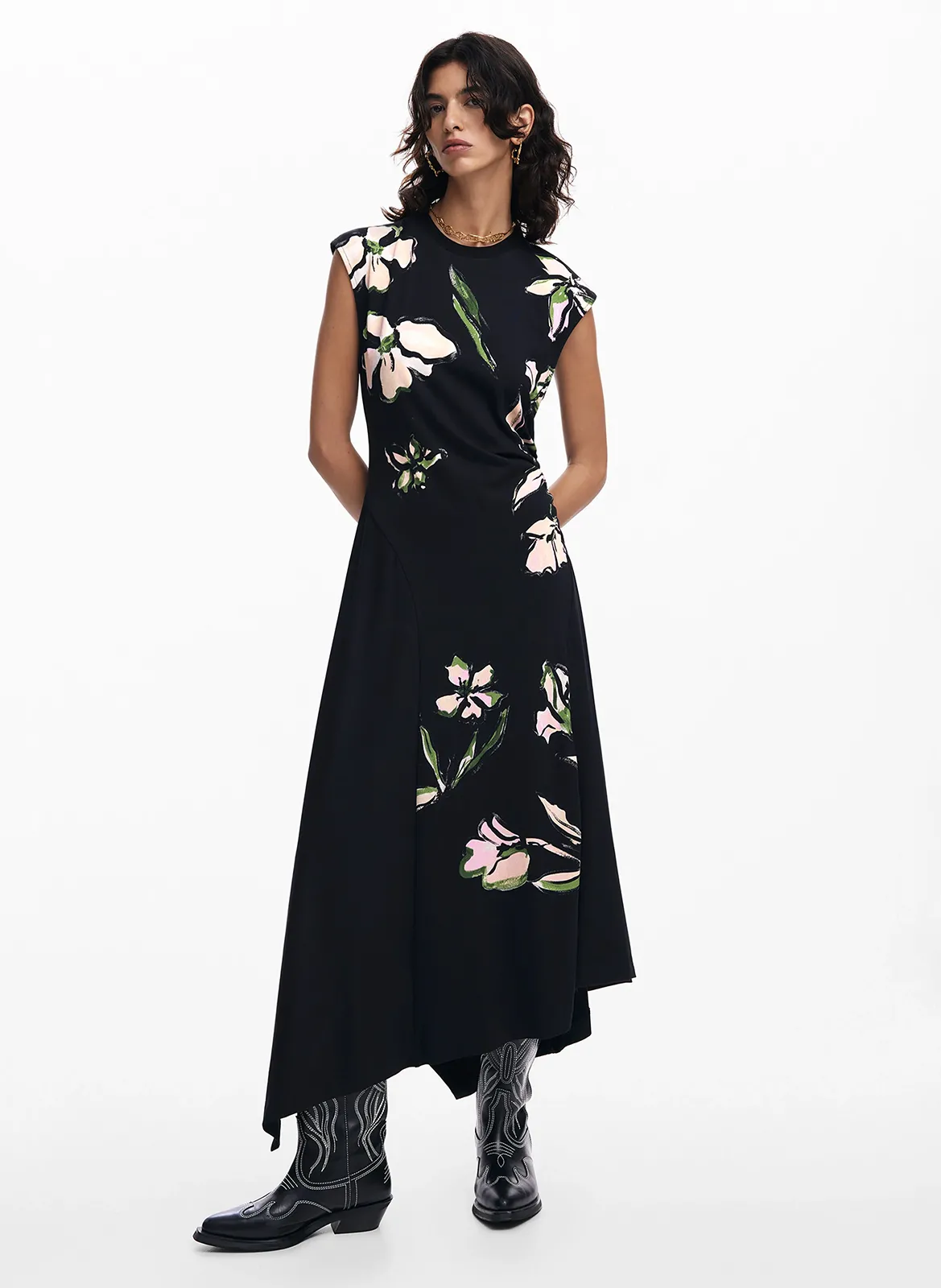 Robe midi col rond à imprimé florlal Noir