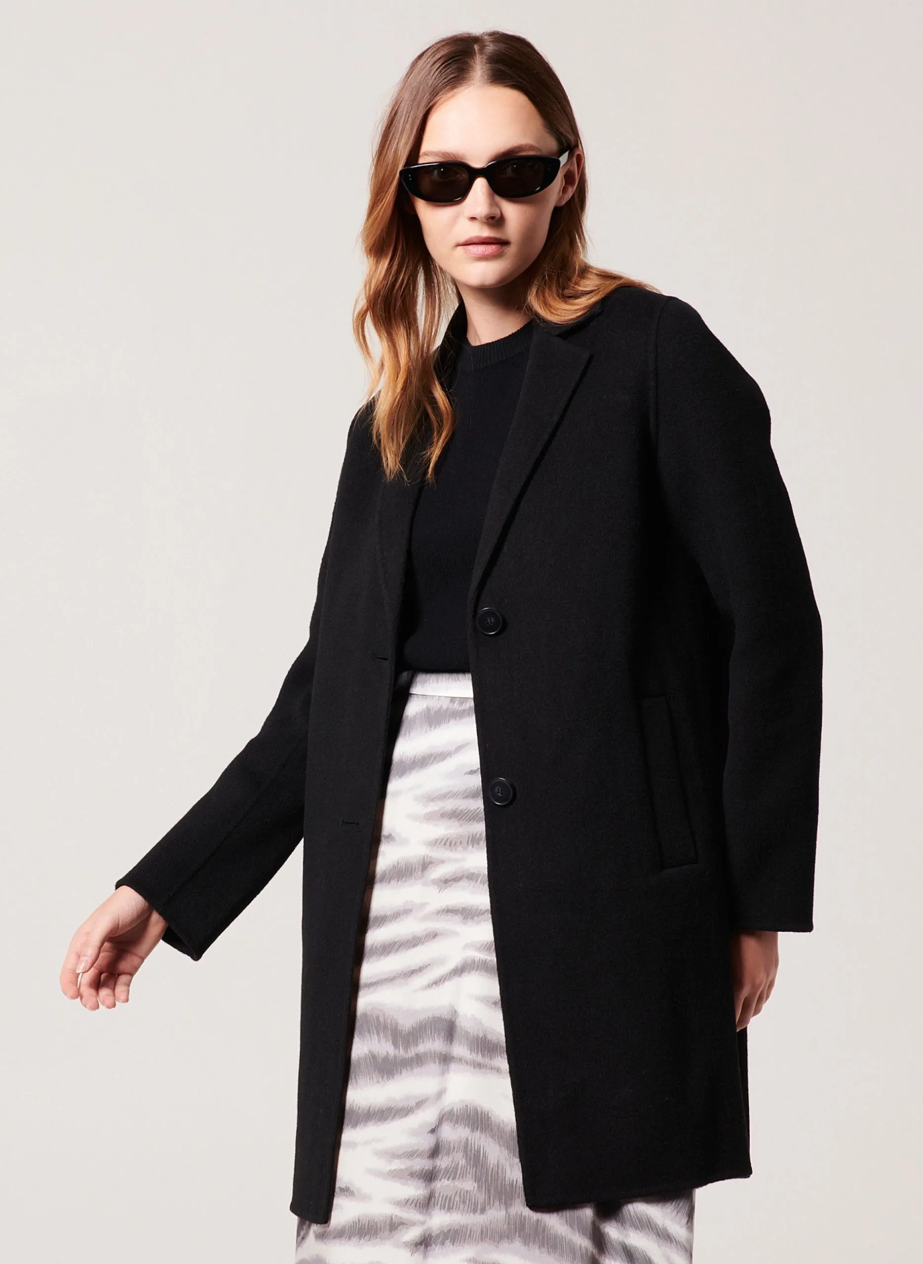 Manteau droit col tailleur en laine mélangée Noir MATILA