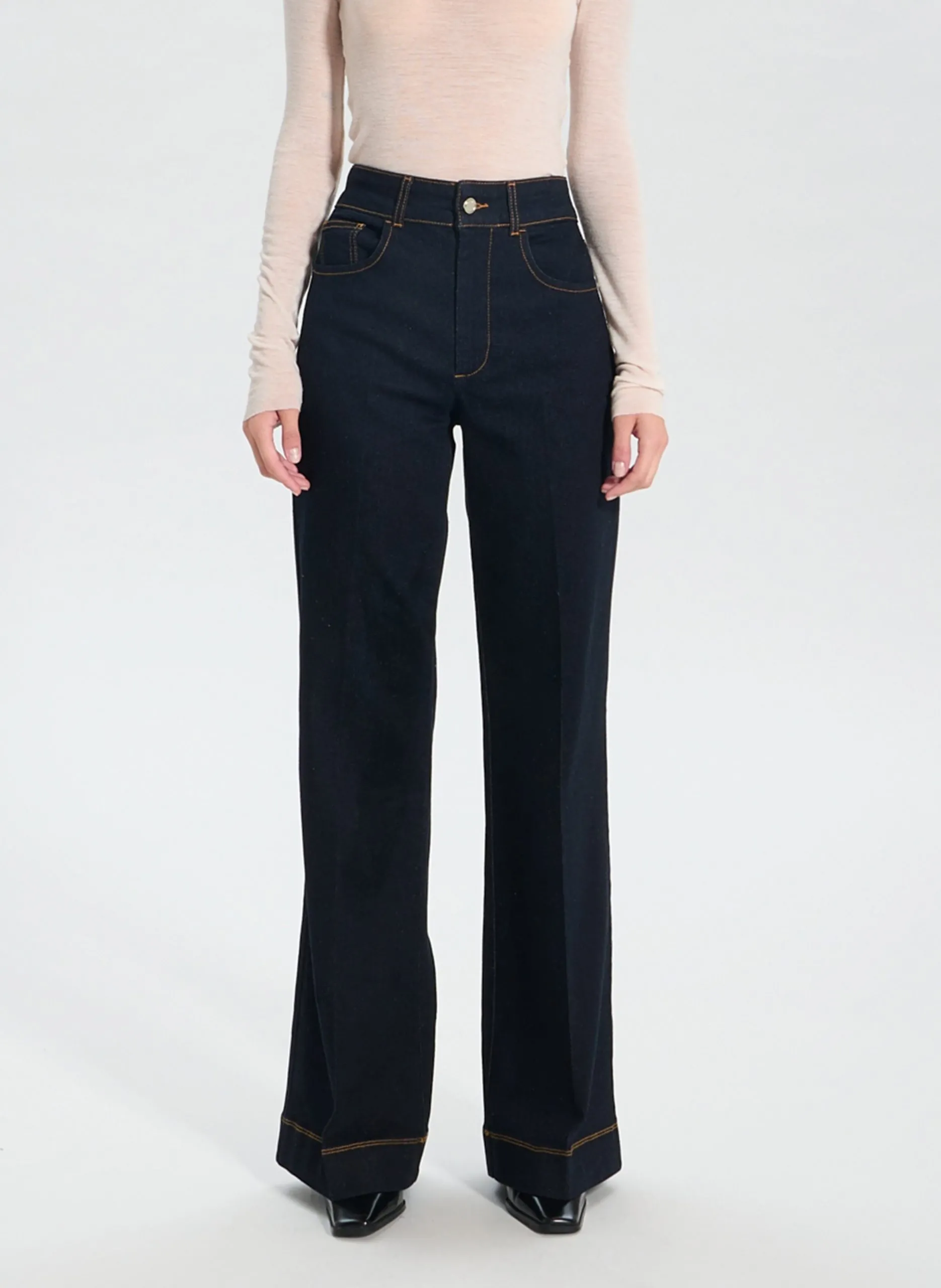 Jean palazzo taille haute en coton mélangé Bleu JESSIE