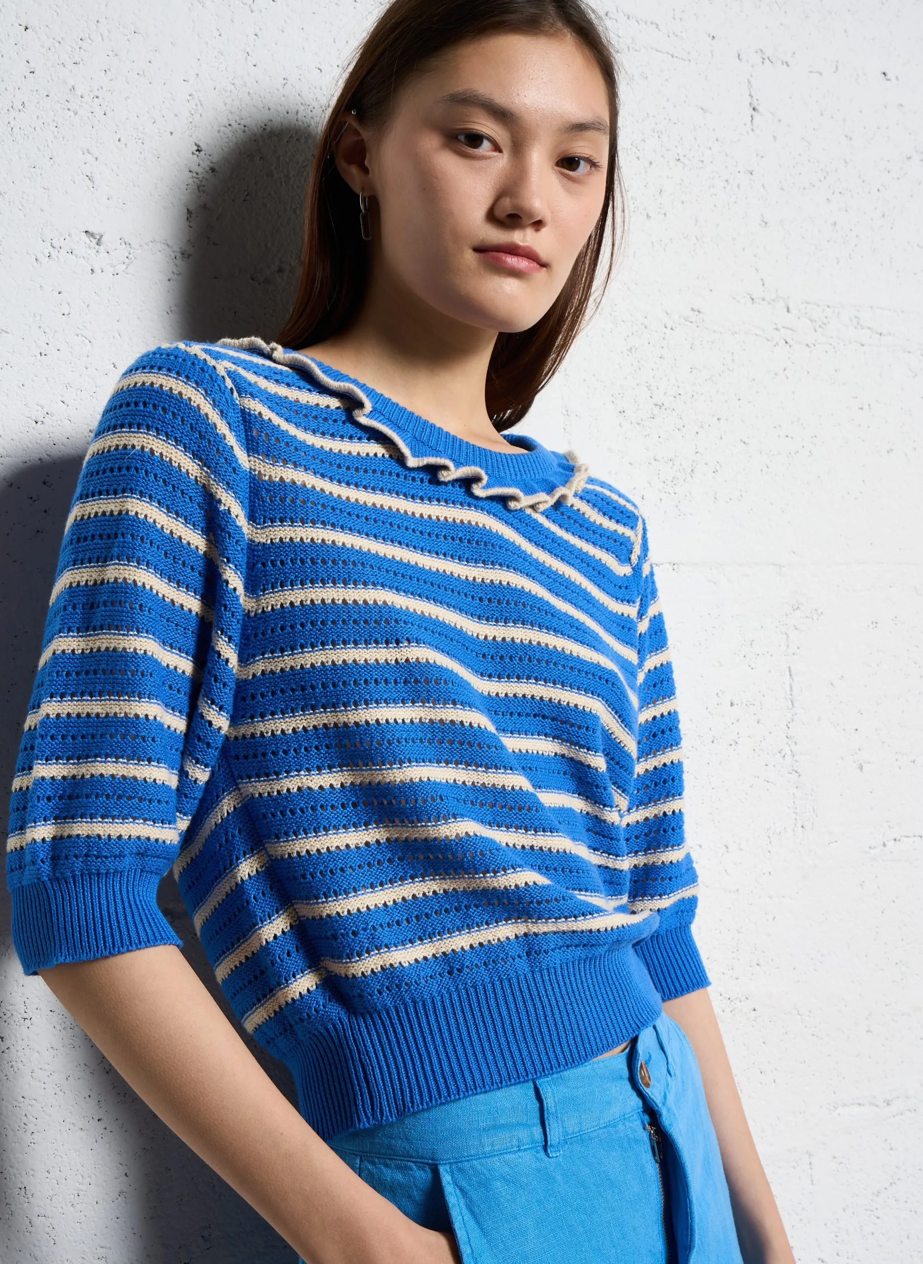 Pull droit col rond en coton Bleu