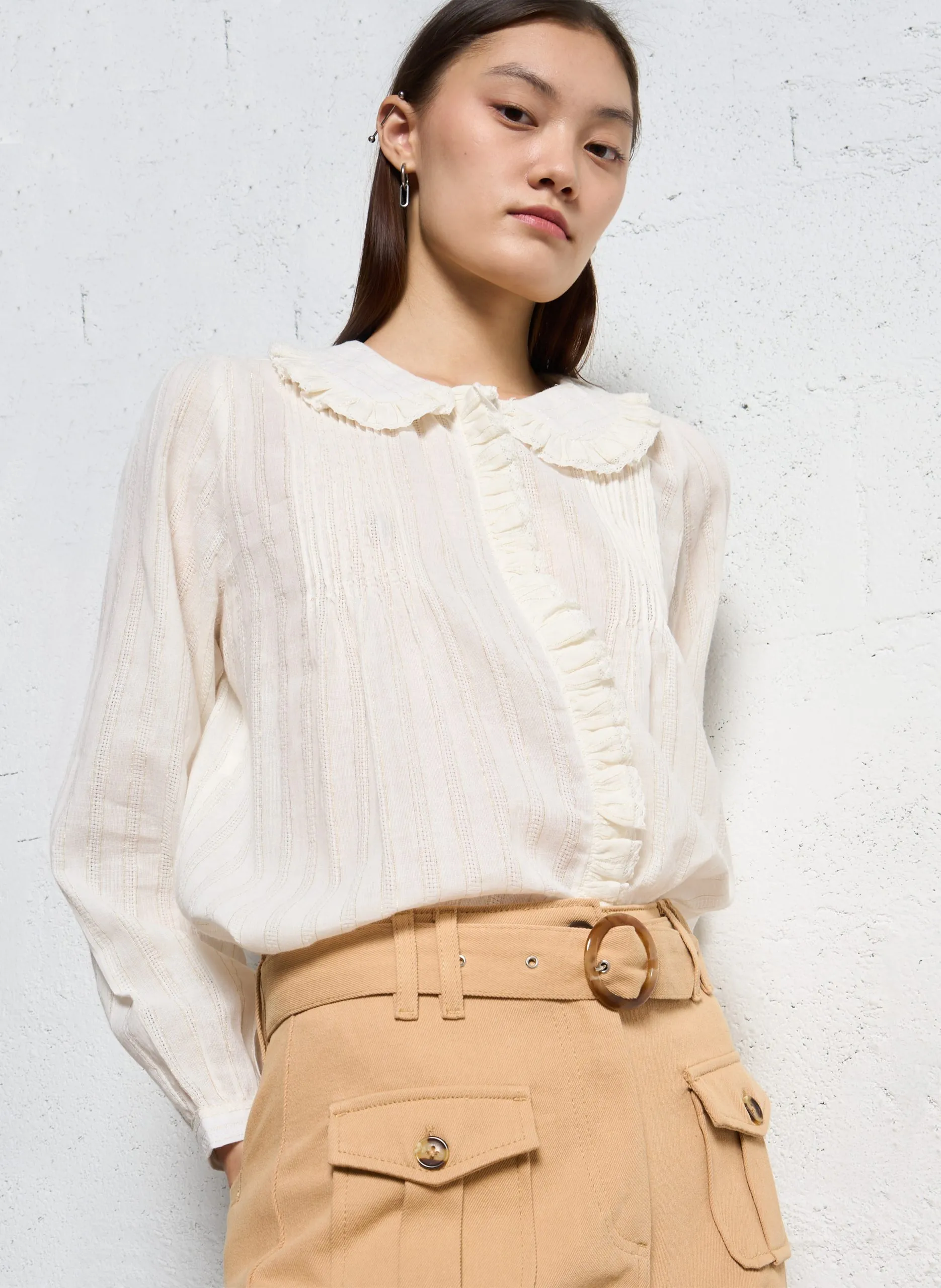 Chemise ample col claudine en coton Beige