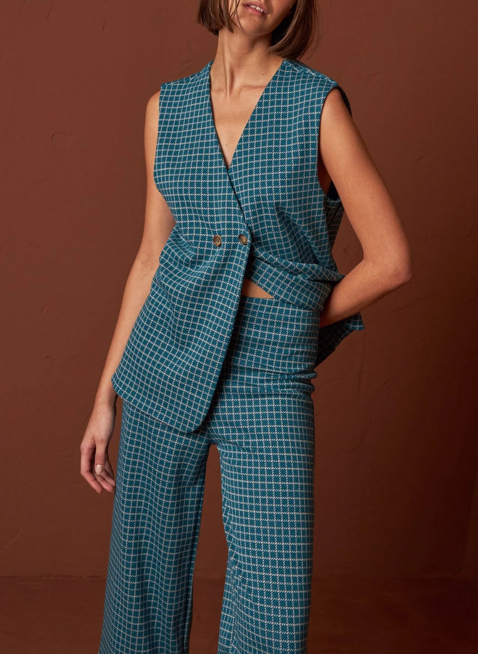 Gilet col V à carreaux Bleu