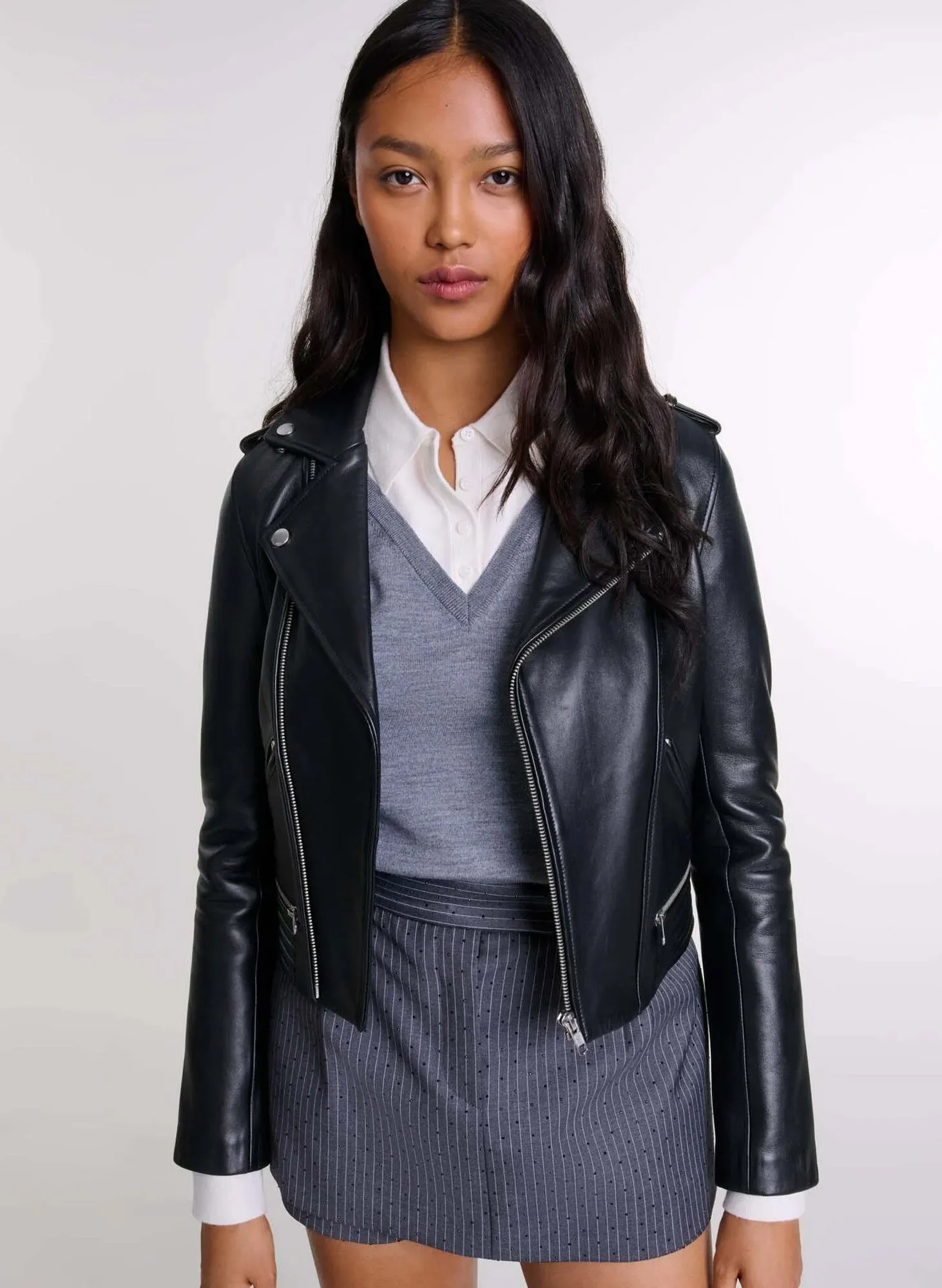 Blouson court en cuir Noir