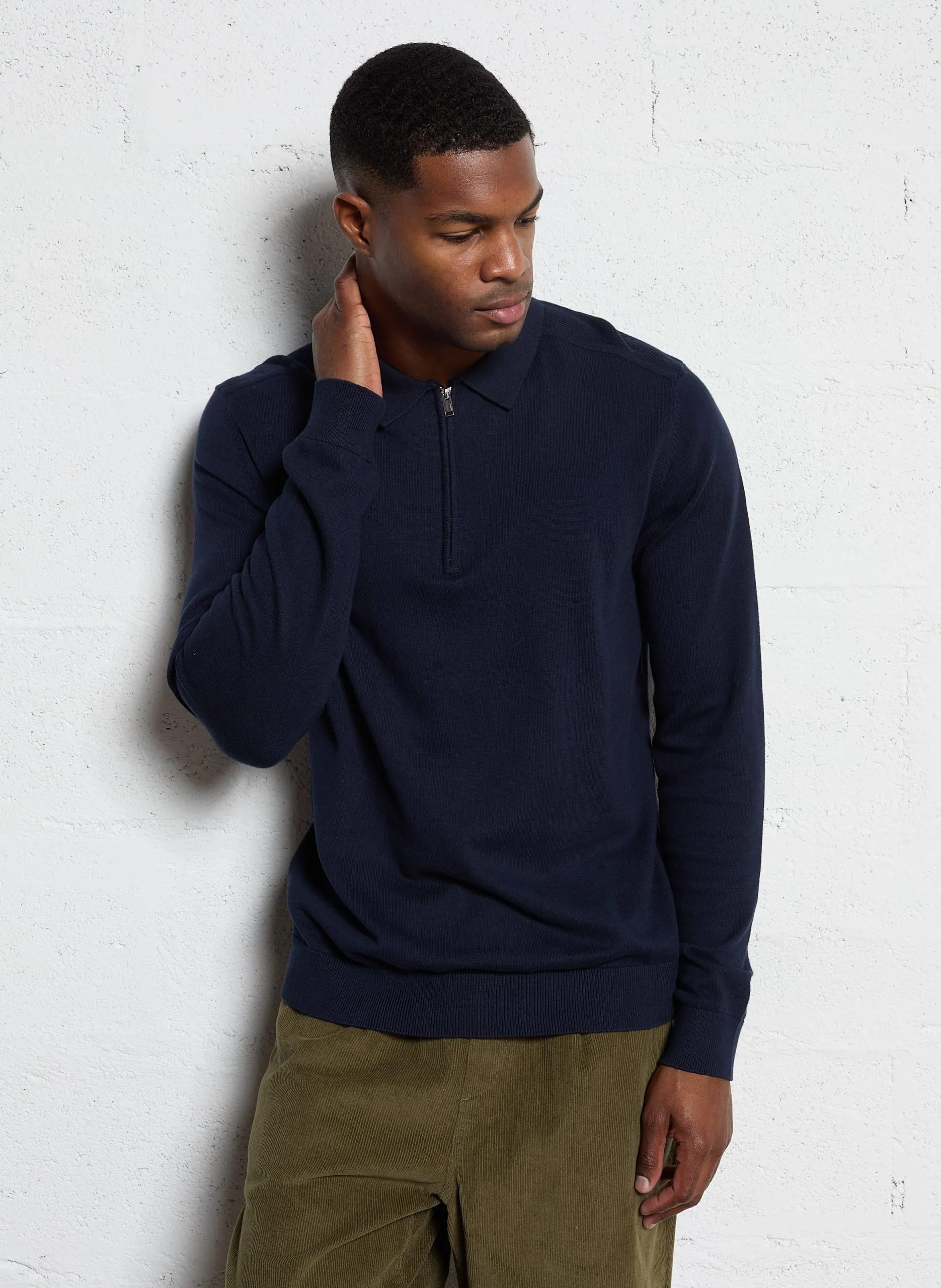 Pull droit col polo en coton Bleu BERG