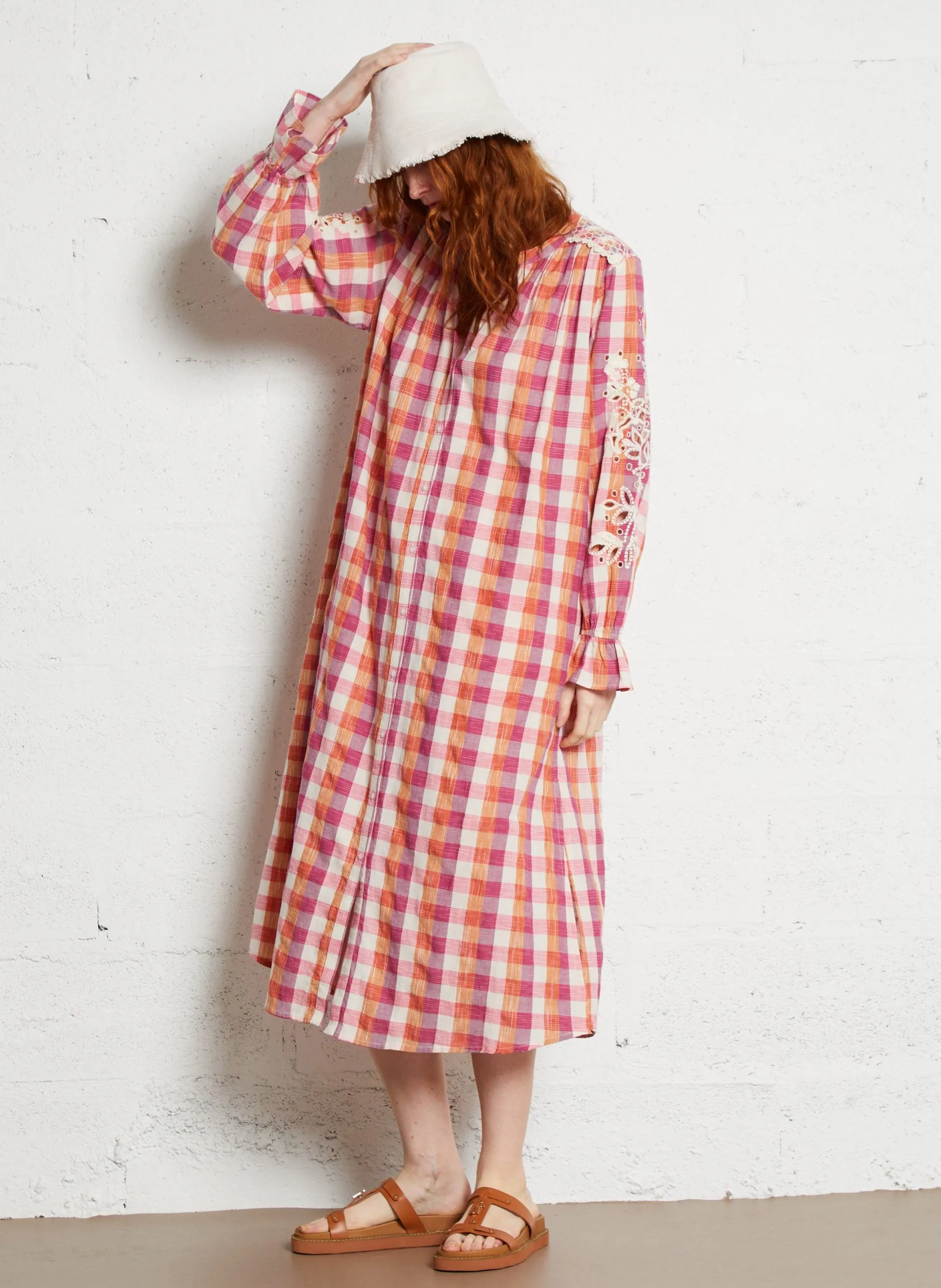 Robe midi col rond à carreaux Beige DEEPALI