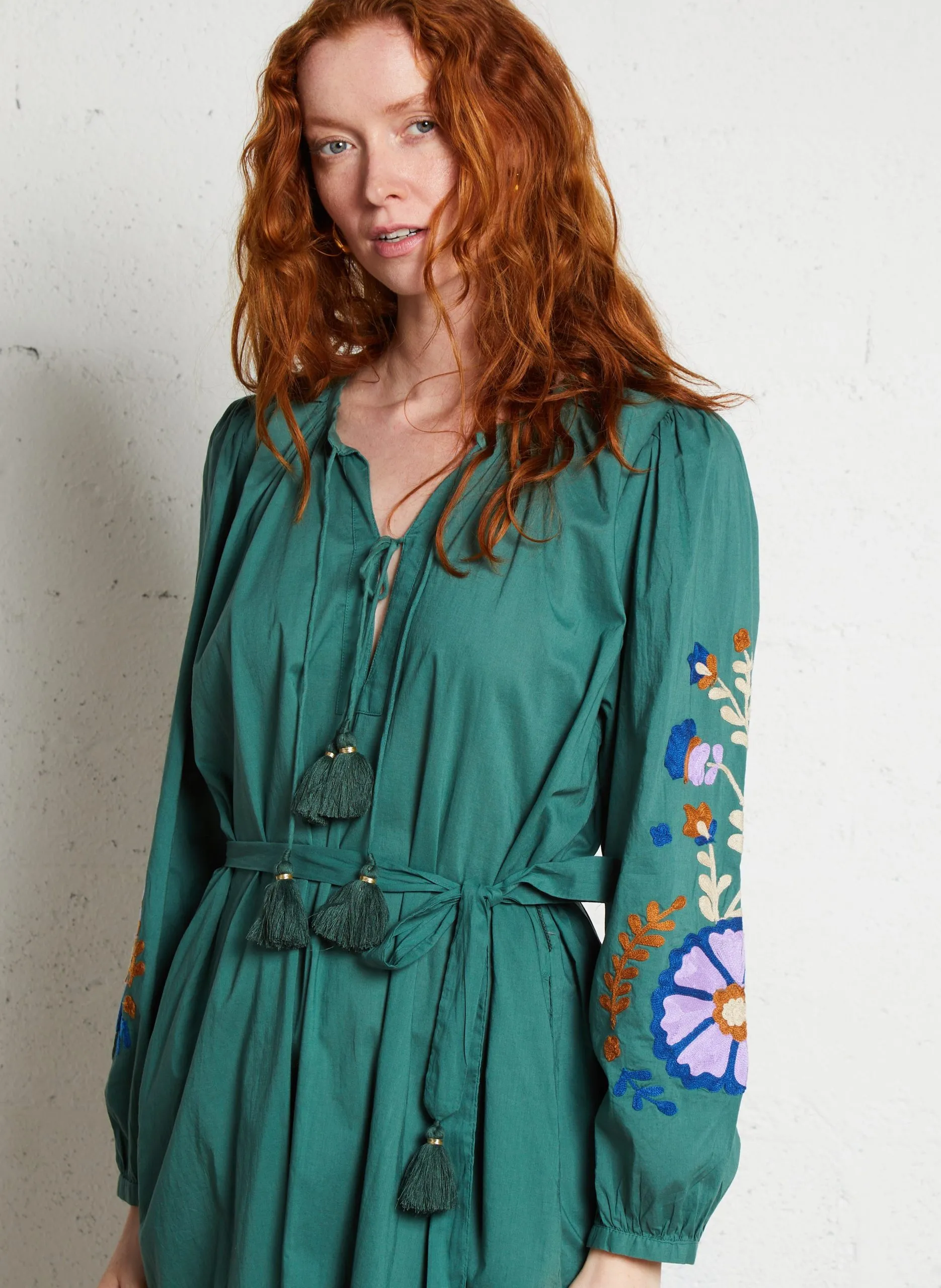 Robe midi col V en coton organique Vert MARTINA