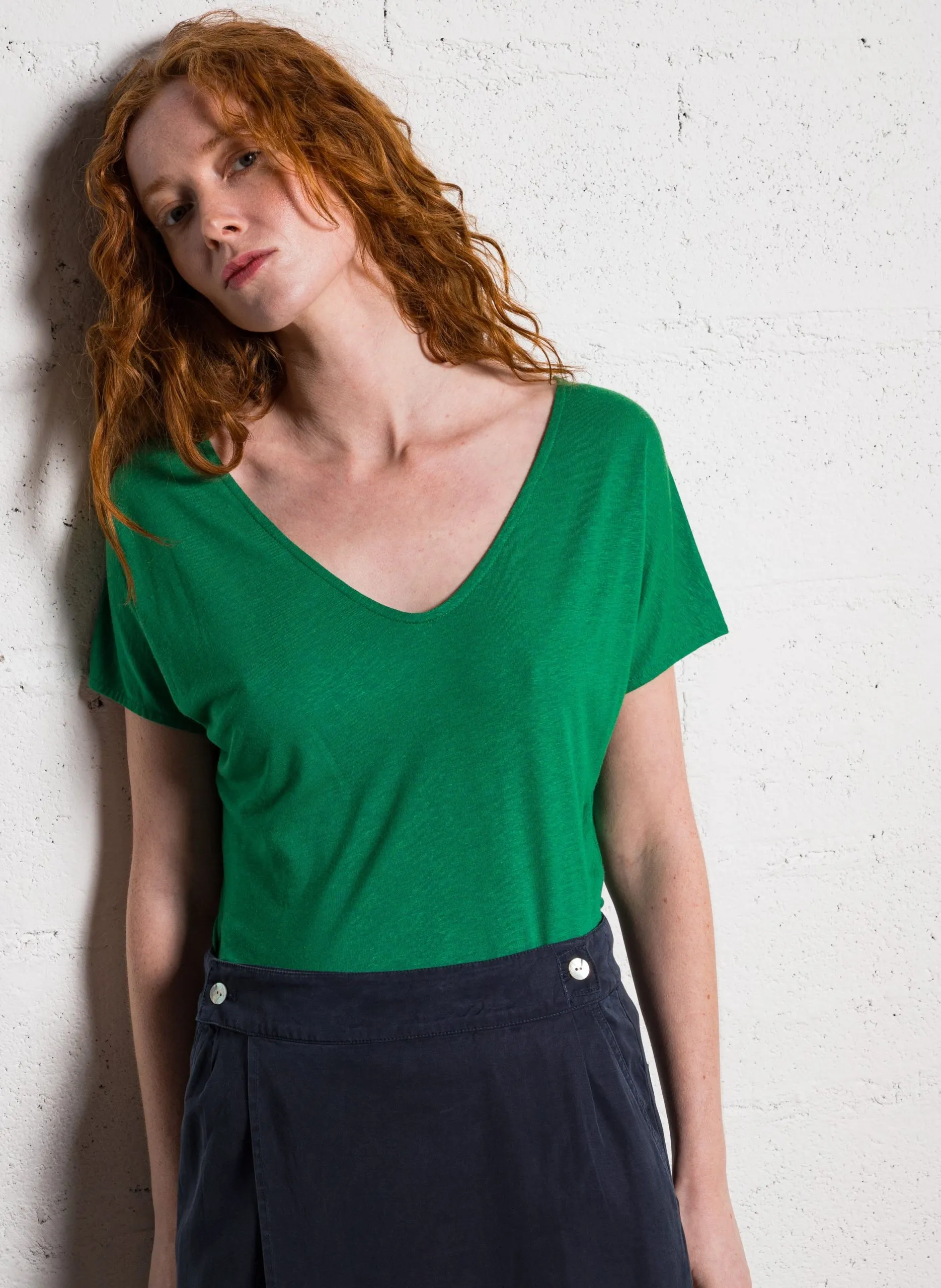 Tee-shirt droit col v Vert