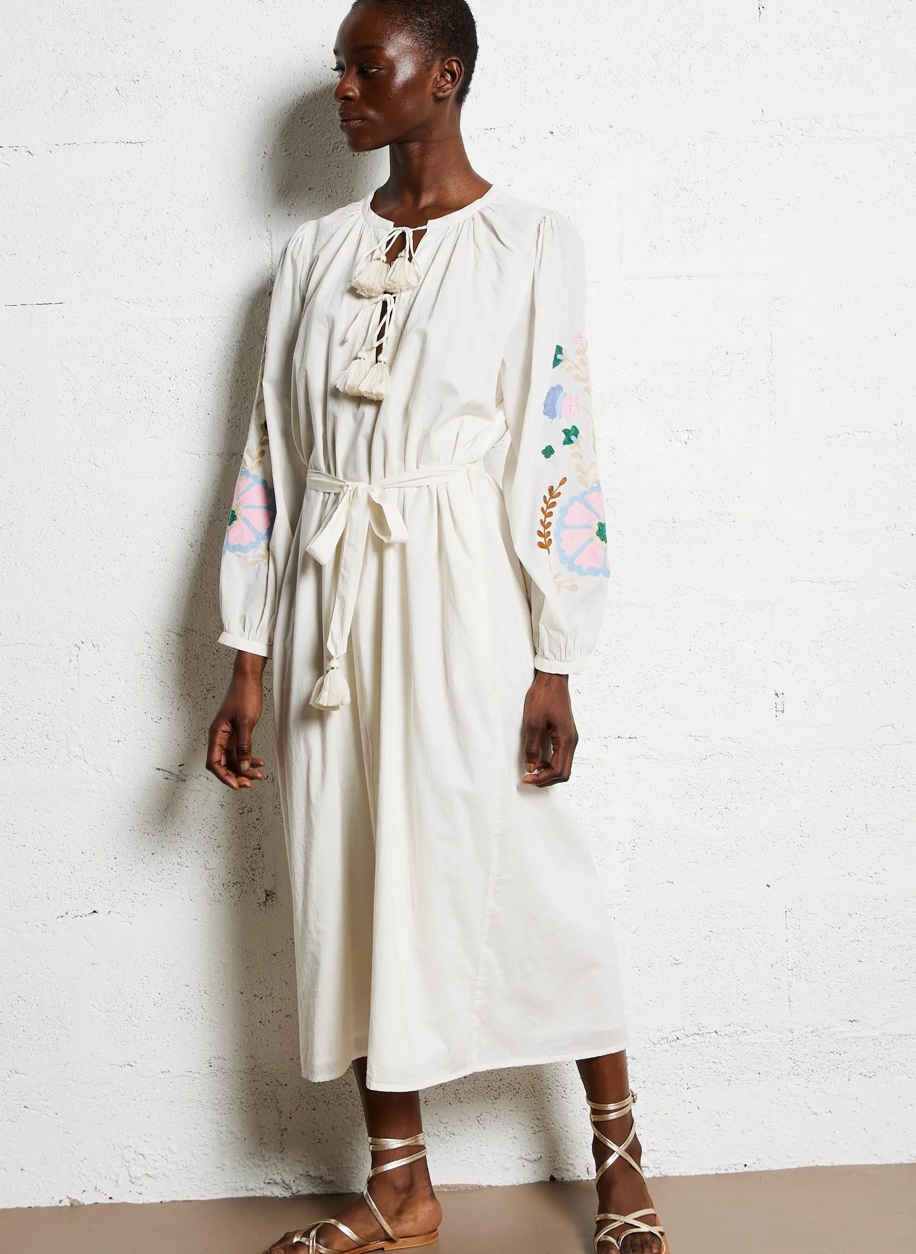 Robe midi col rond en coton organique Blanc MARTINA