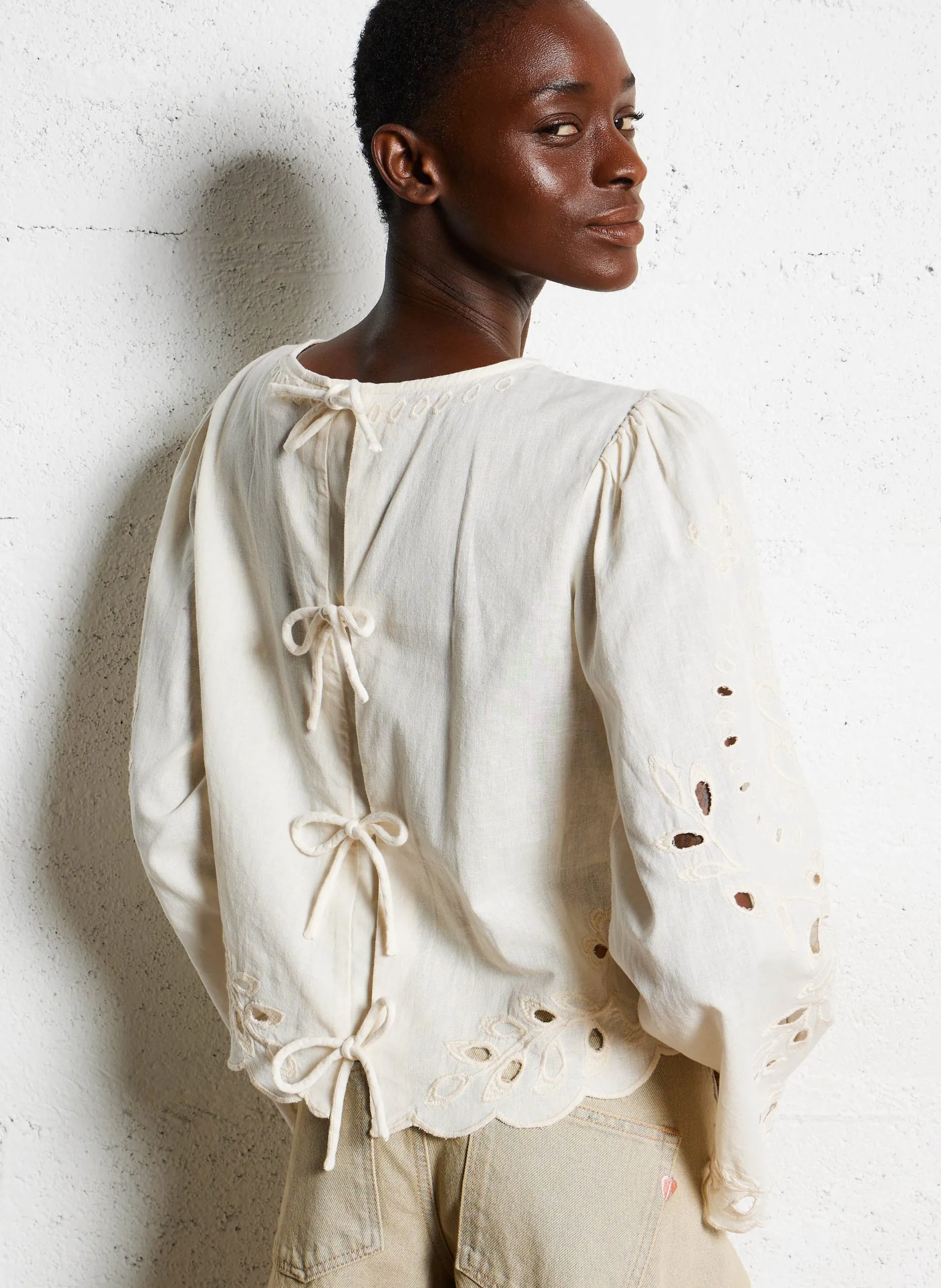 Blouse droite en coton bio mélangé brodé Blanc ASTERIS