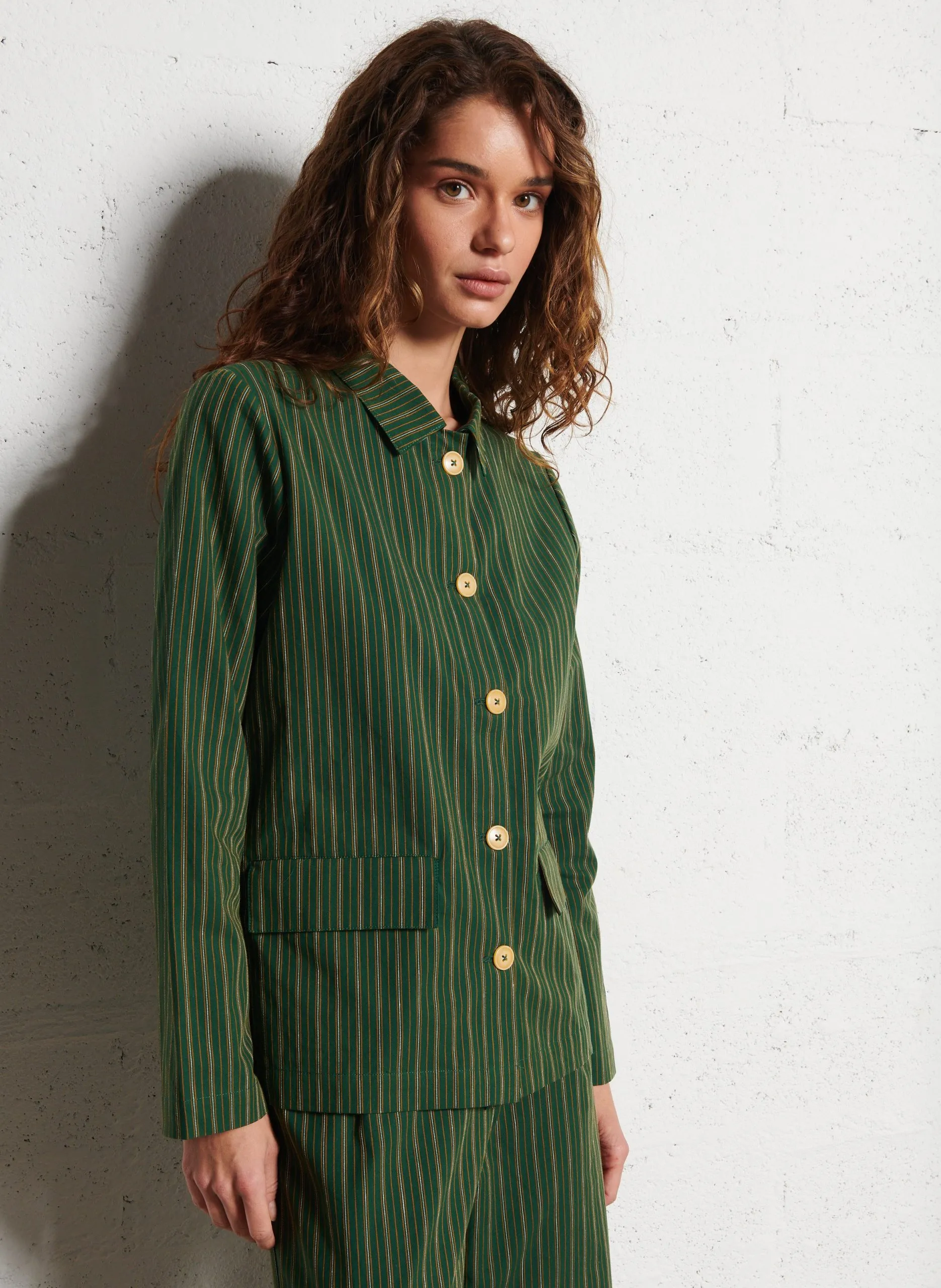 Chemise col classique rayée en coton et en lin mélangés Vert