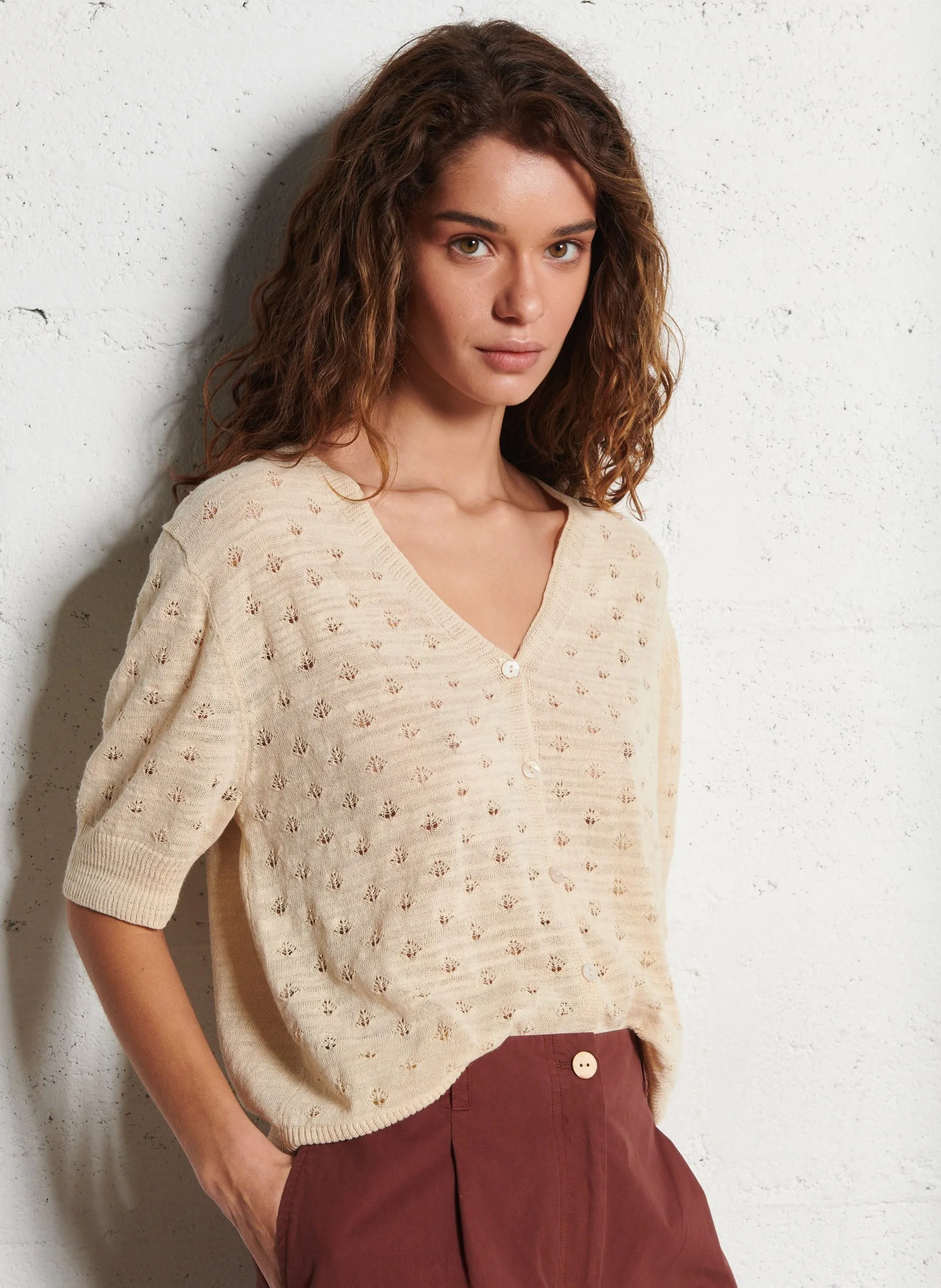 Gilet manches courtes en lin et coton Bleu