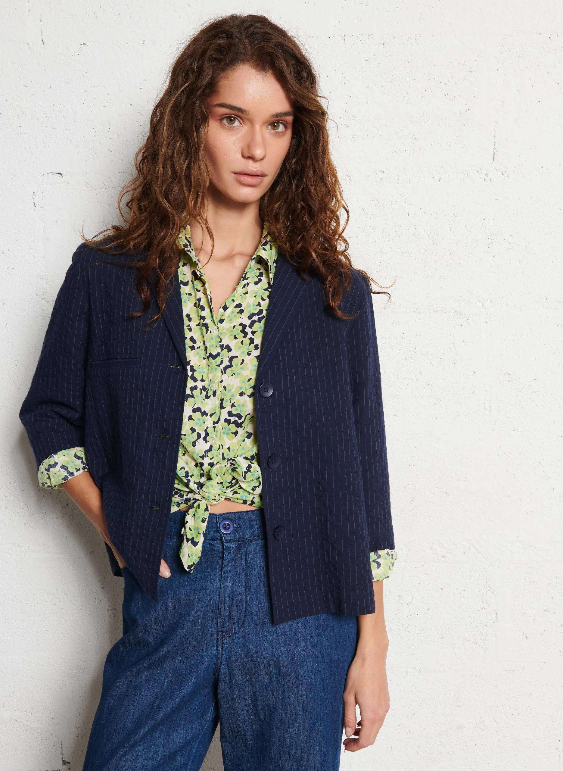 Top col tailleur rayé en coton Bleu