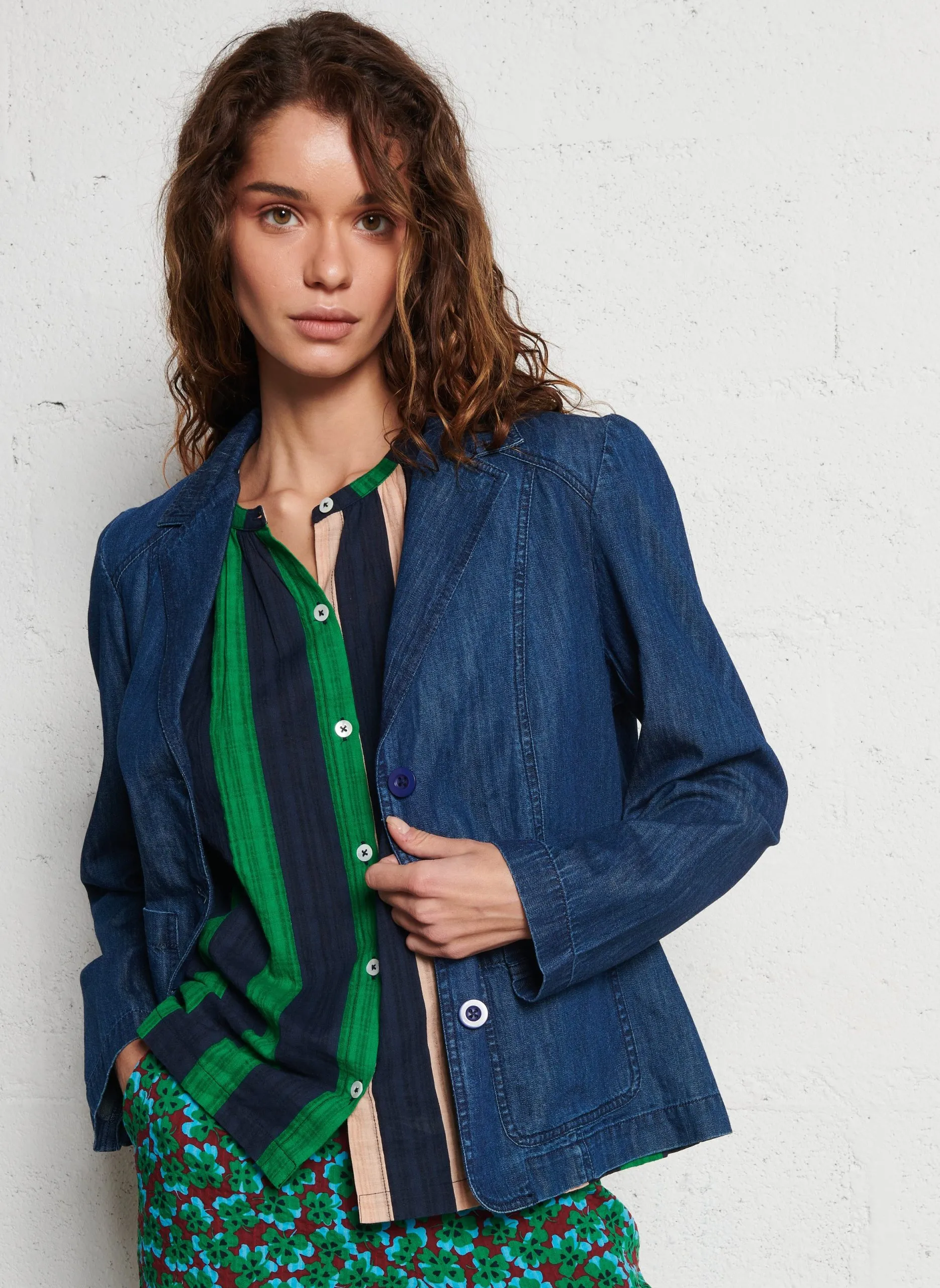Veste col tailleur denim Bleu