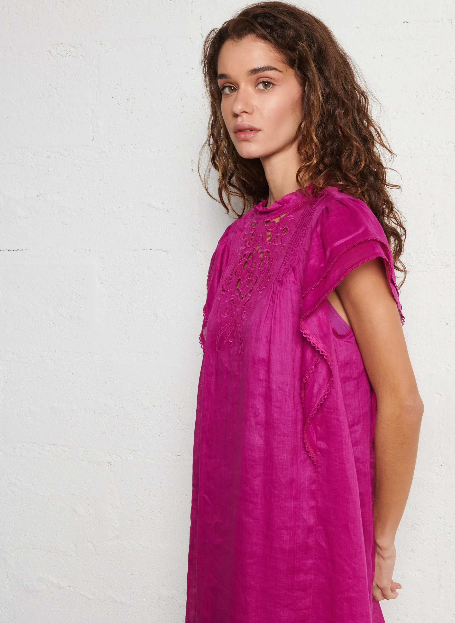 Robe midi brodée en lin Violet CLODY