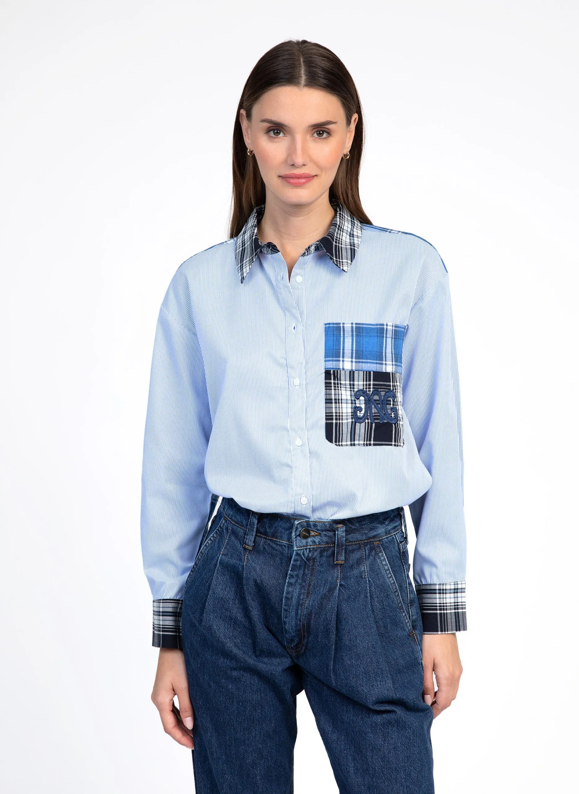 Chemise droite en coton imprimé Bleu SISSYNA