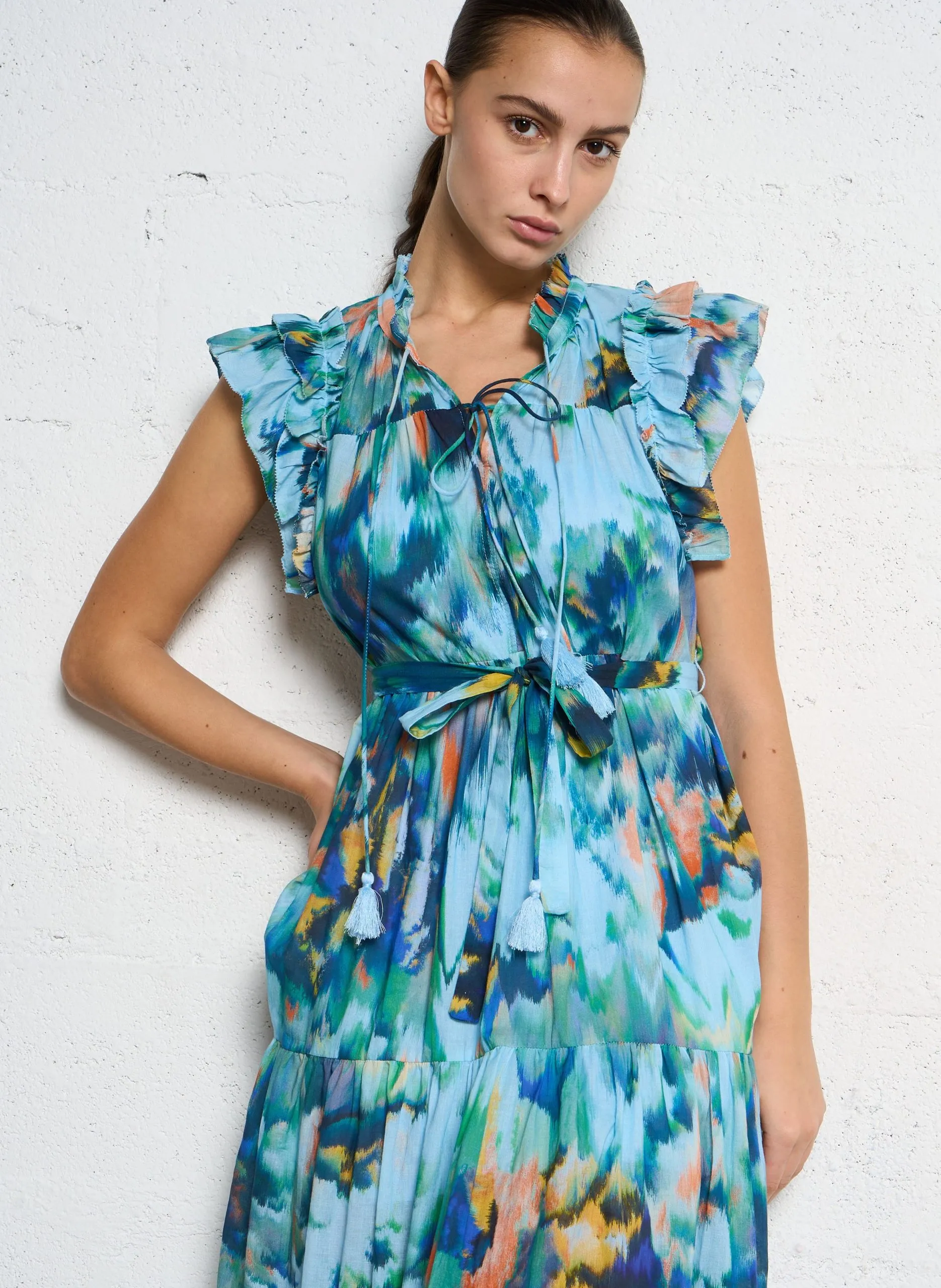 Robe longue imprimée en coton Vert CALIPSO