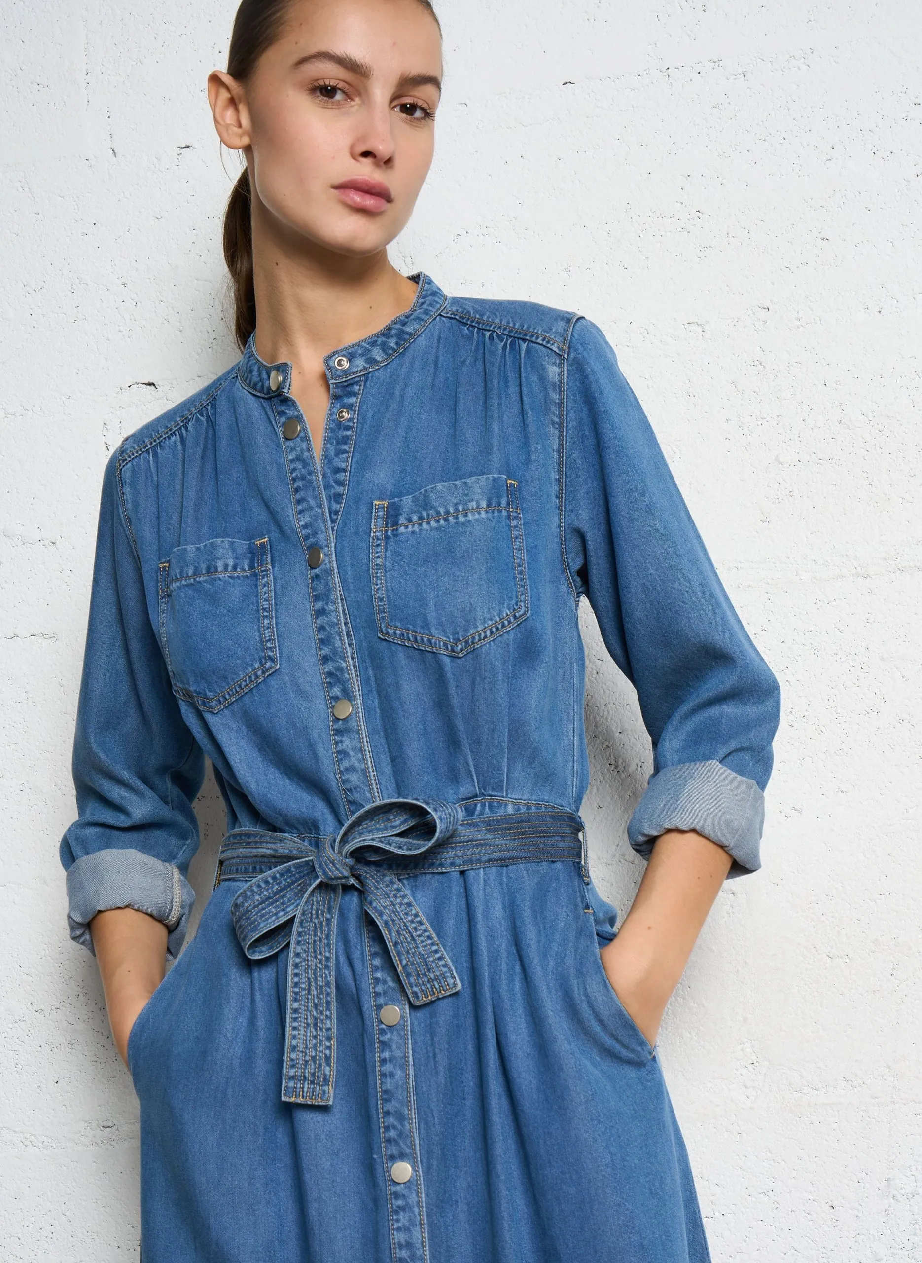 Robe midi col rond en jean Bleu CONNY