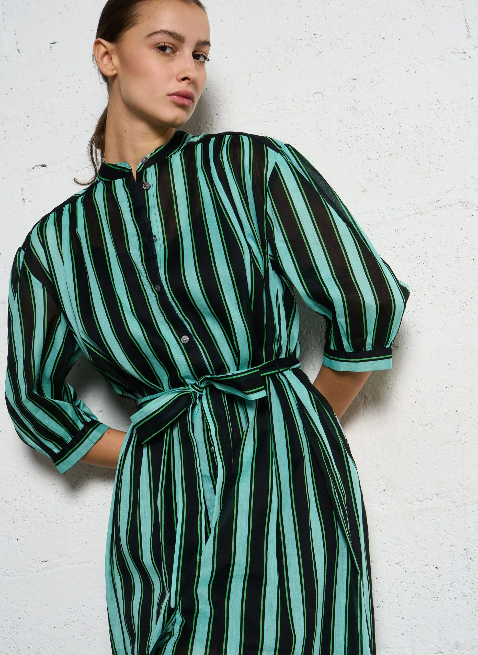 Robe midi rayée en coton et lin Vert COSTA