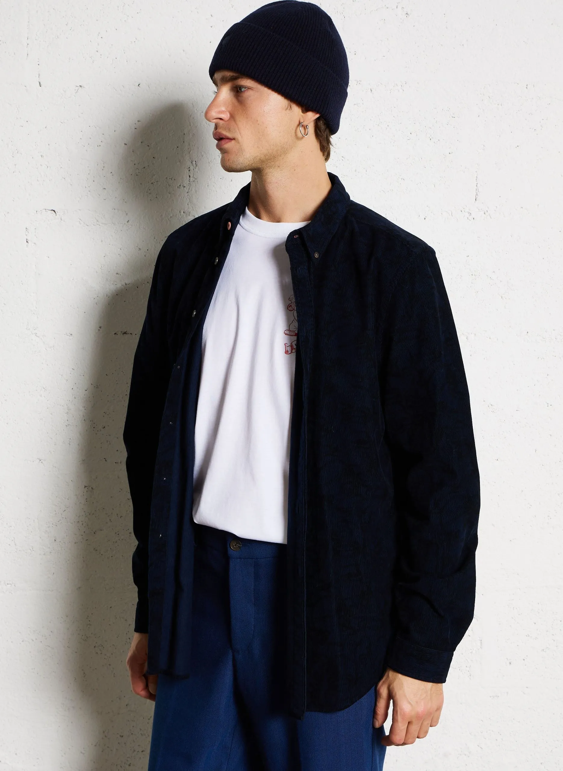 Chemise col classique en velours côtelé Bleu